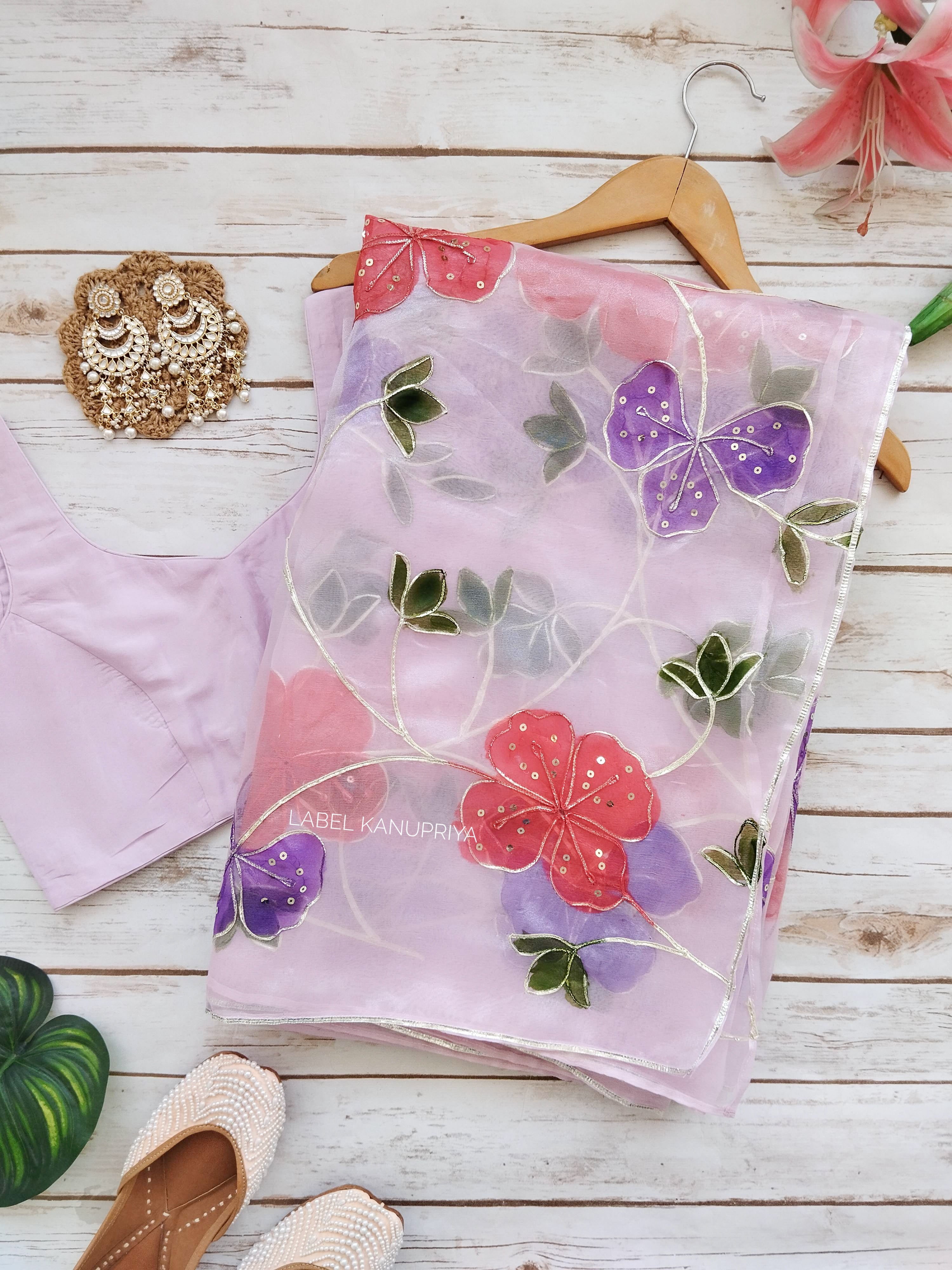 Lilac Handpainted Organza Saree with Handwork