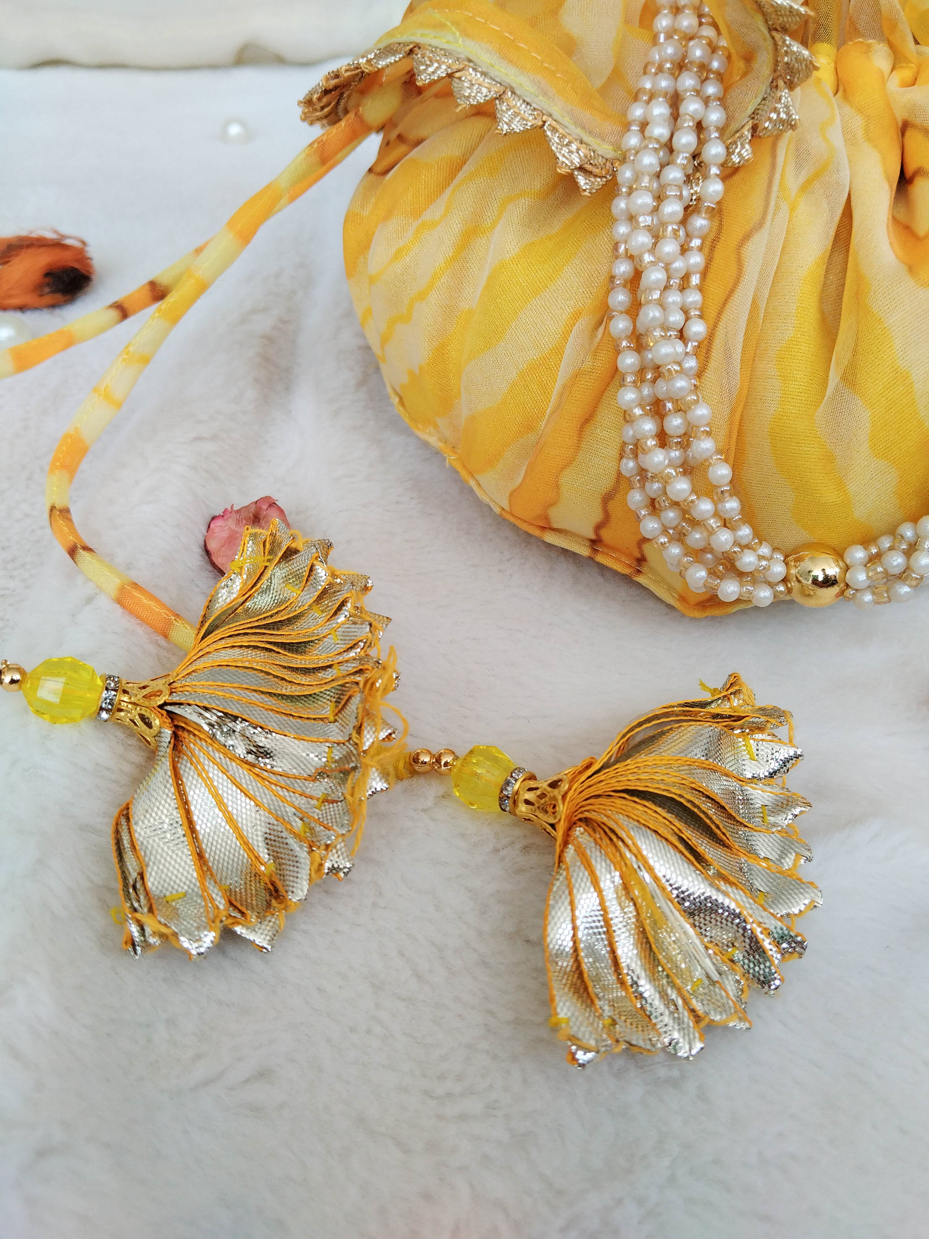 Yellow Leheriya Organza Potli Bag