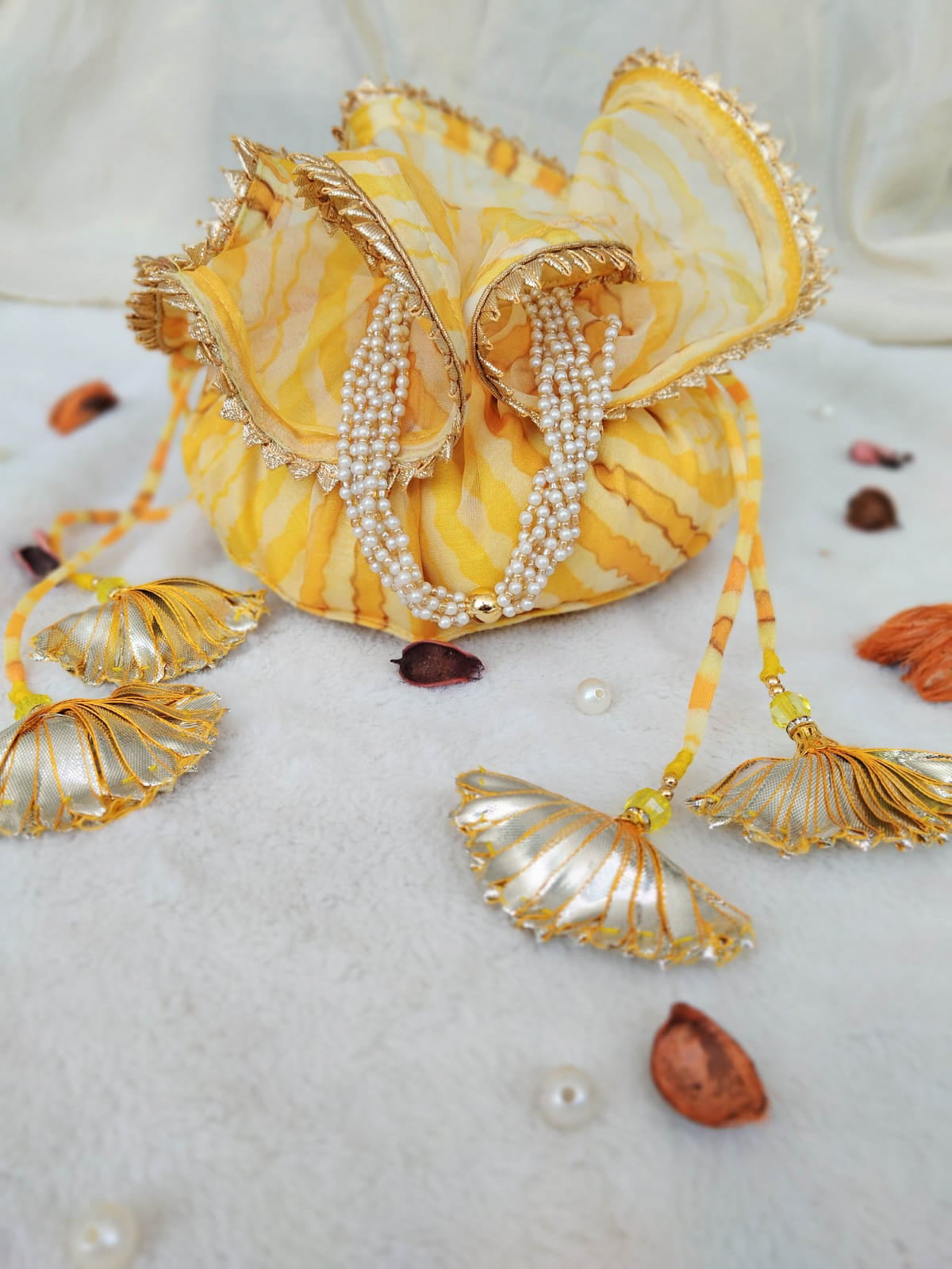 Yellow Leheriya Organza Potli Bag