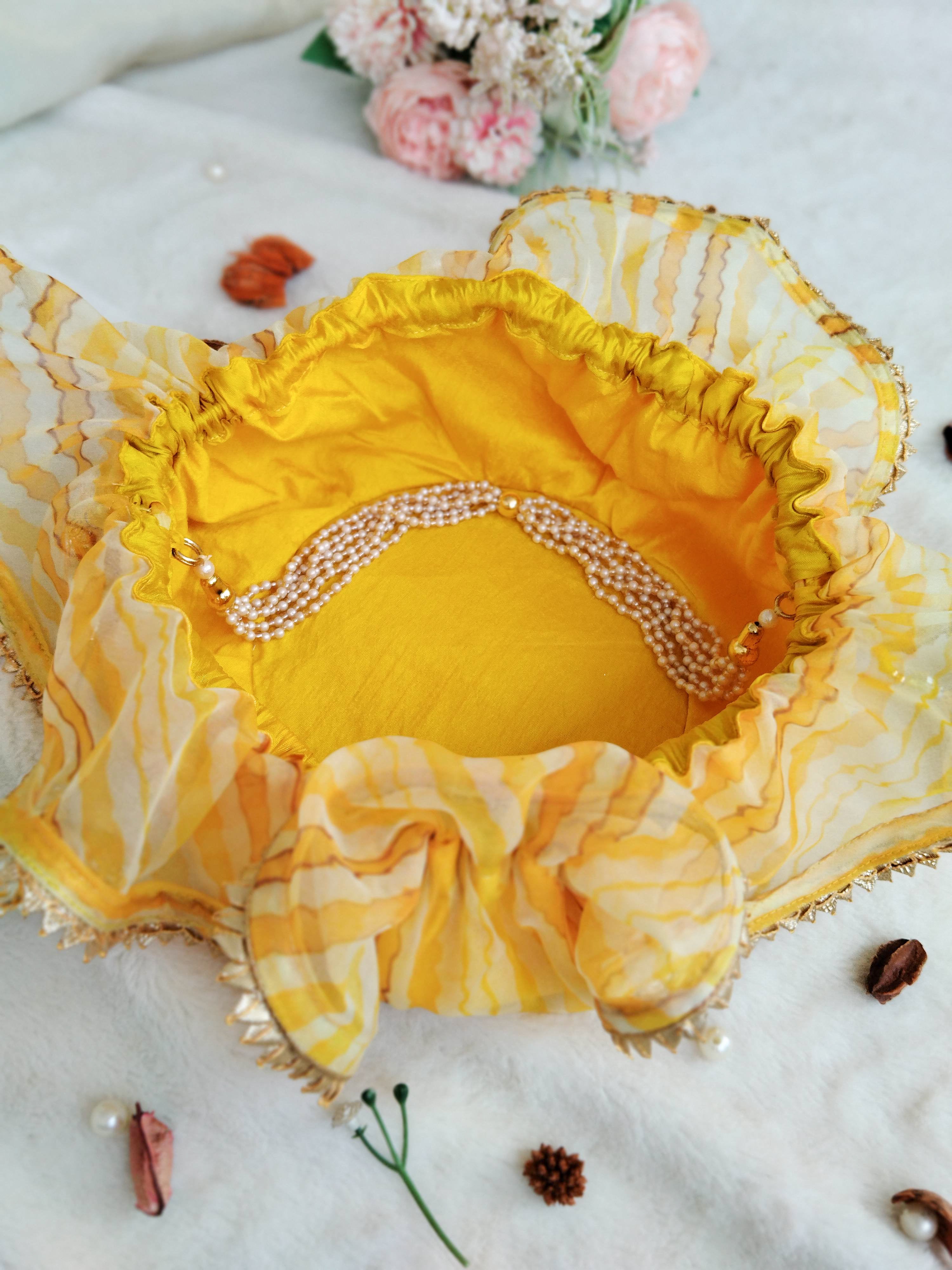 Yellow Leheriya Organza Potli Bag