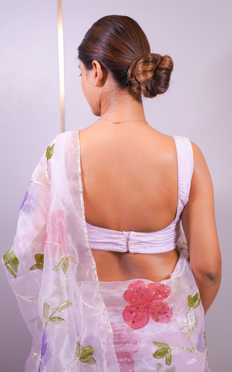 Lilac Handpainted Organza Saree with Handwork