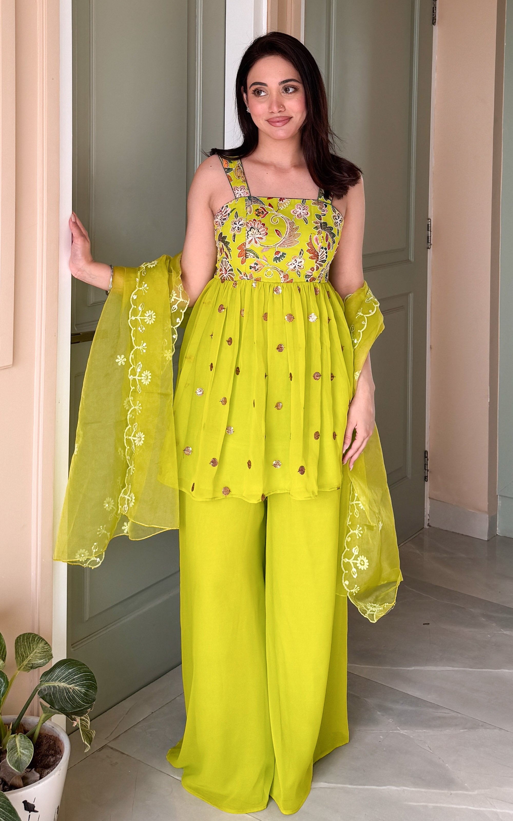 Parrot Green Embroidered Sharara Set