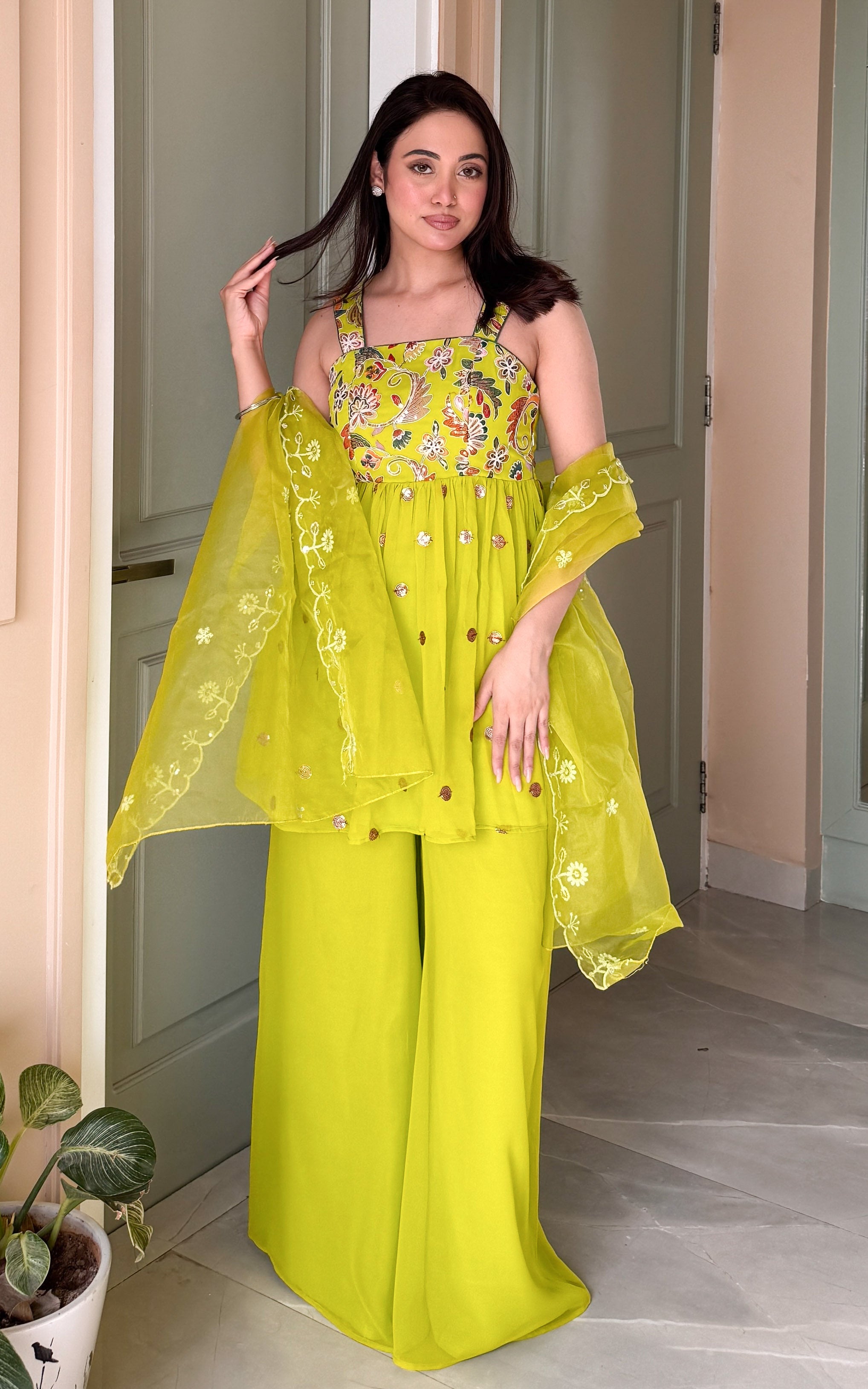 Parrot Green Embroidered Sharara Set