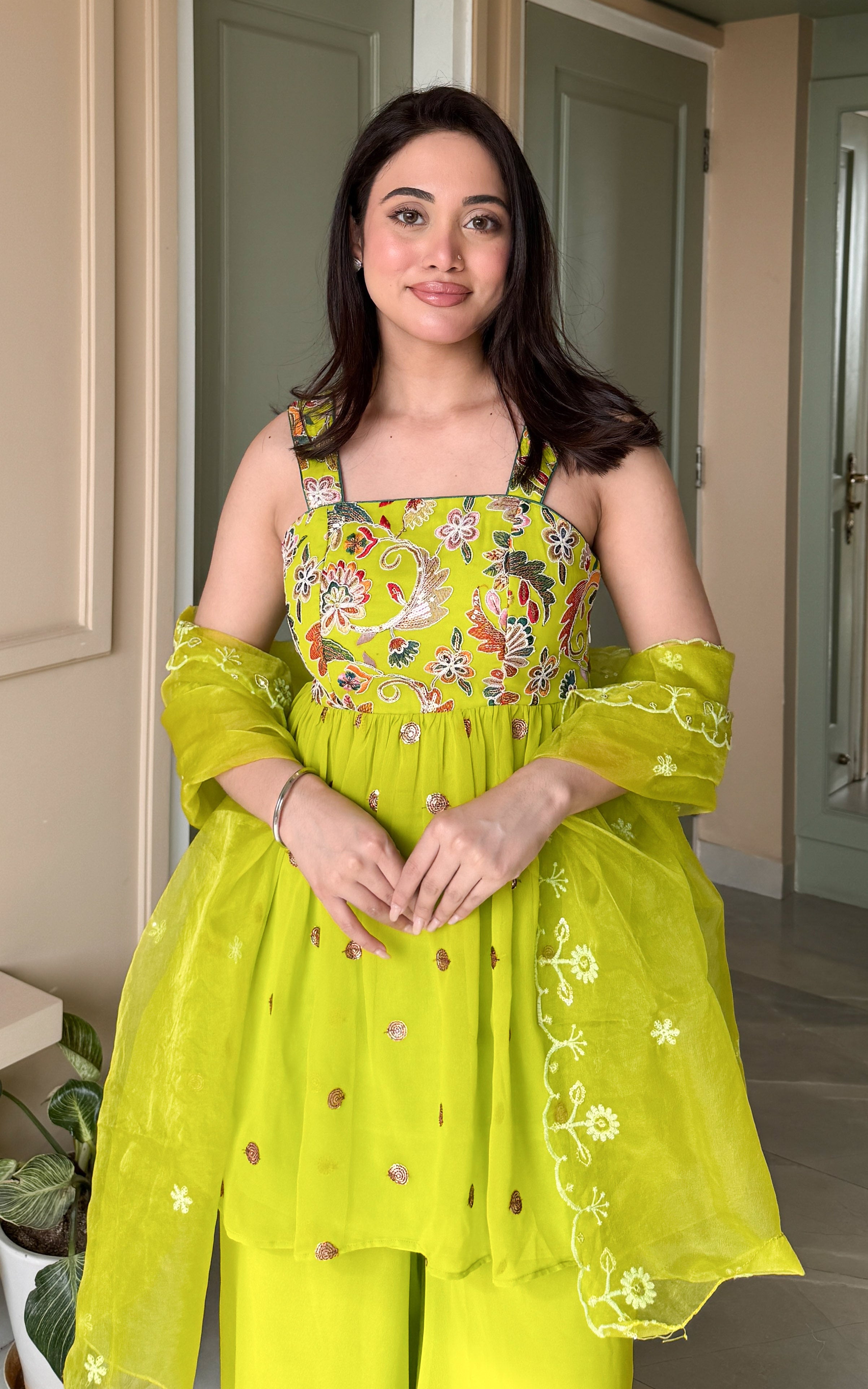 Parrot Green Embroidered Sharara Set