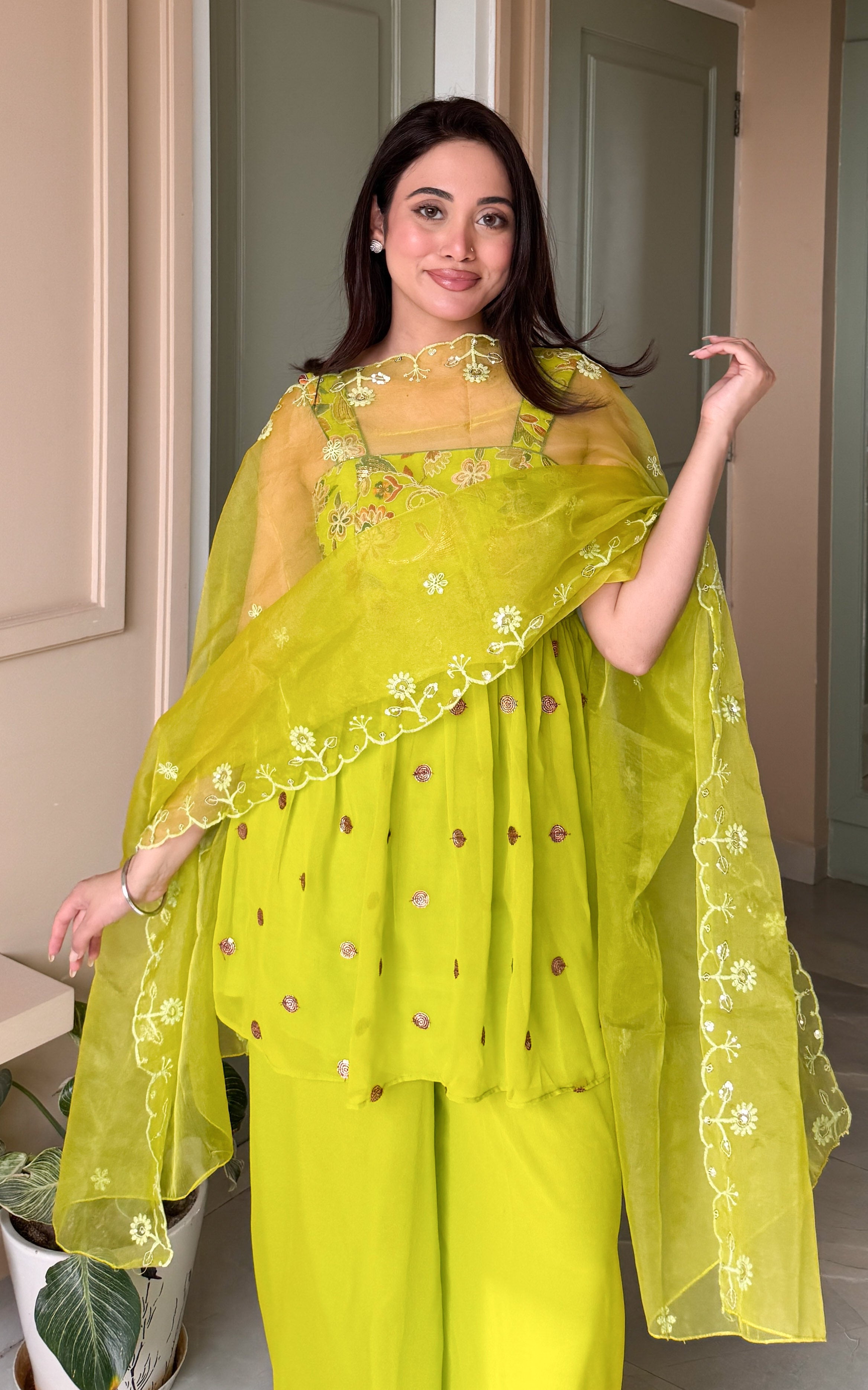 Parrot Green Embroidered Sharara Set
