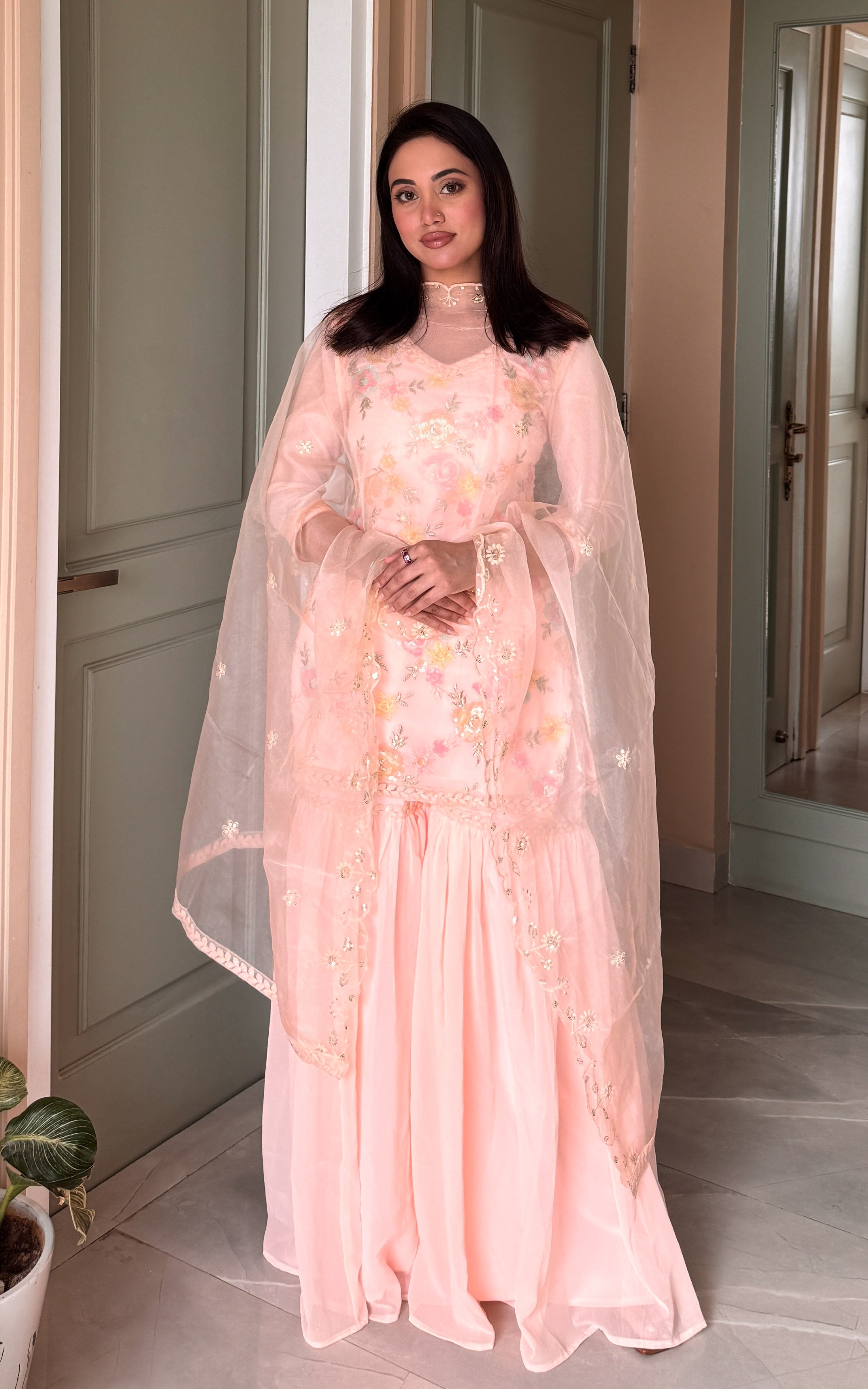 Peach Sequinwork Embroidered Sharara Set