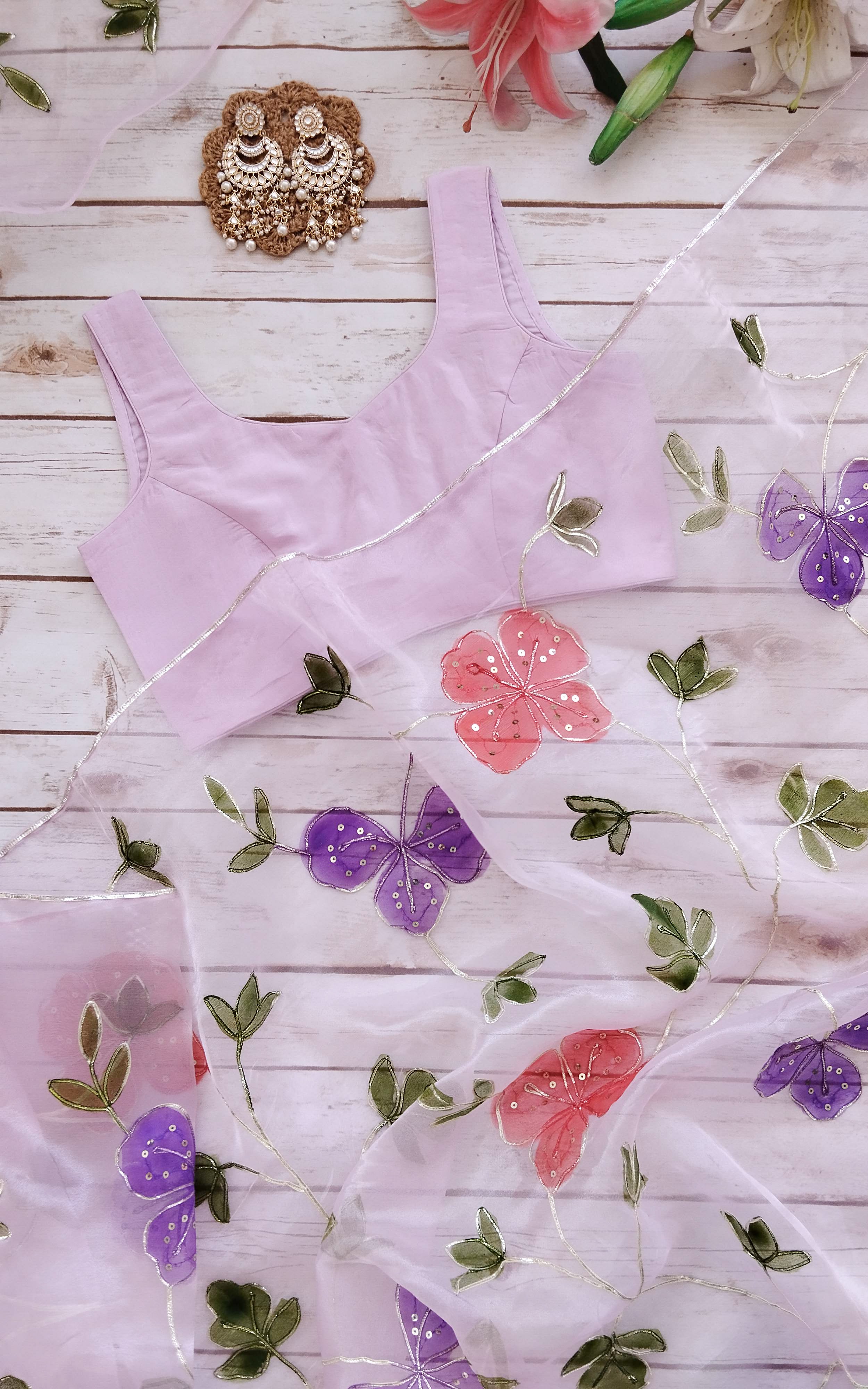 Lilac Handpainted Organza Saree with Handwork