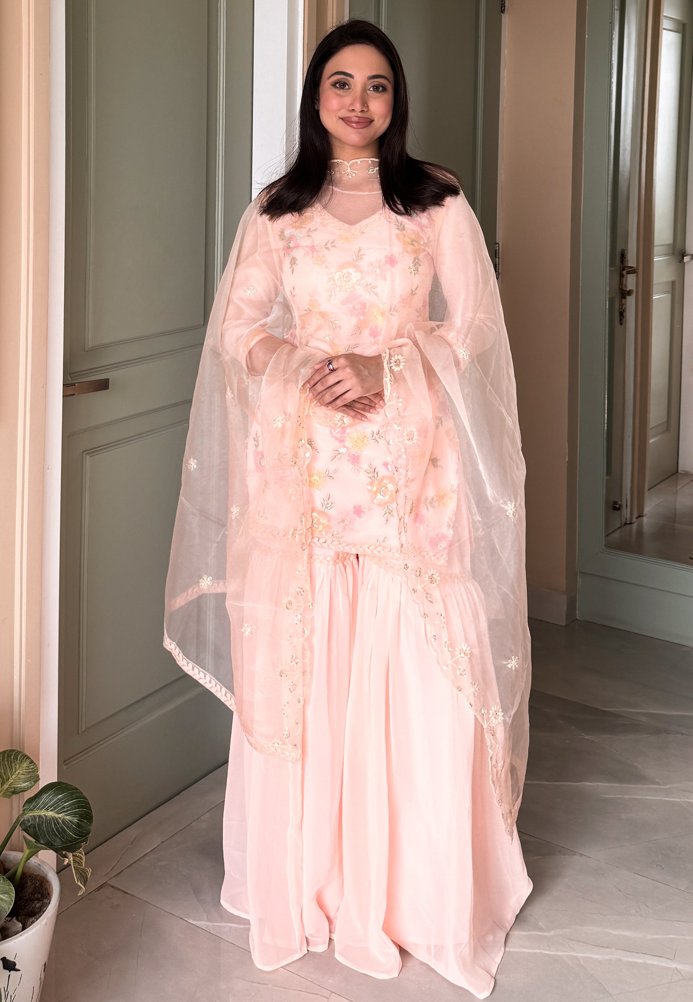 Peach Sequinwork Embroidered Sharara Set