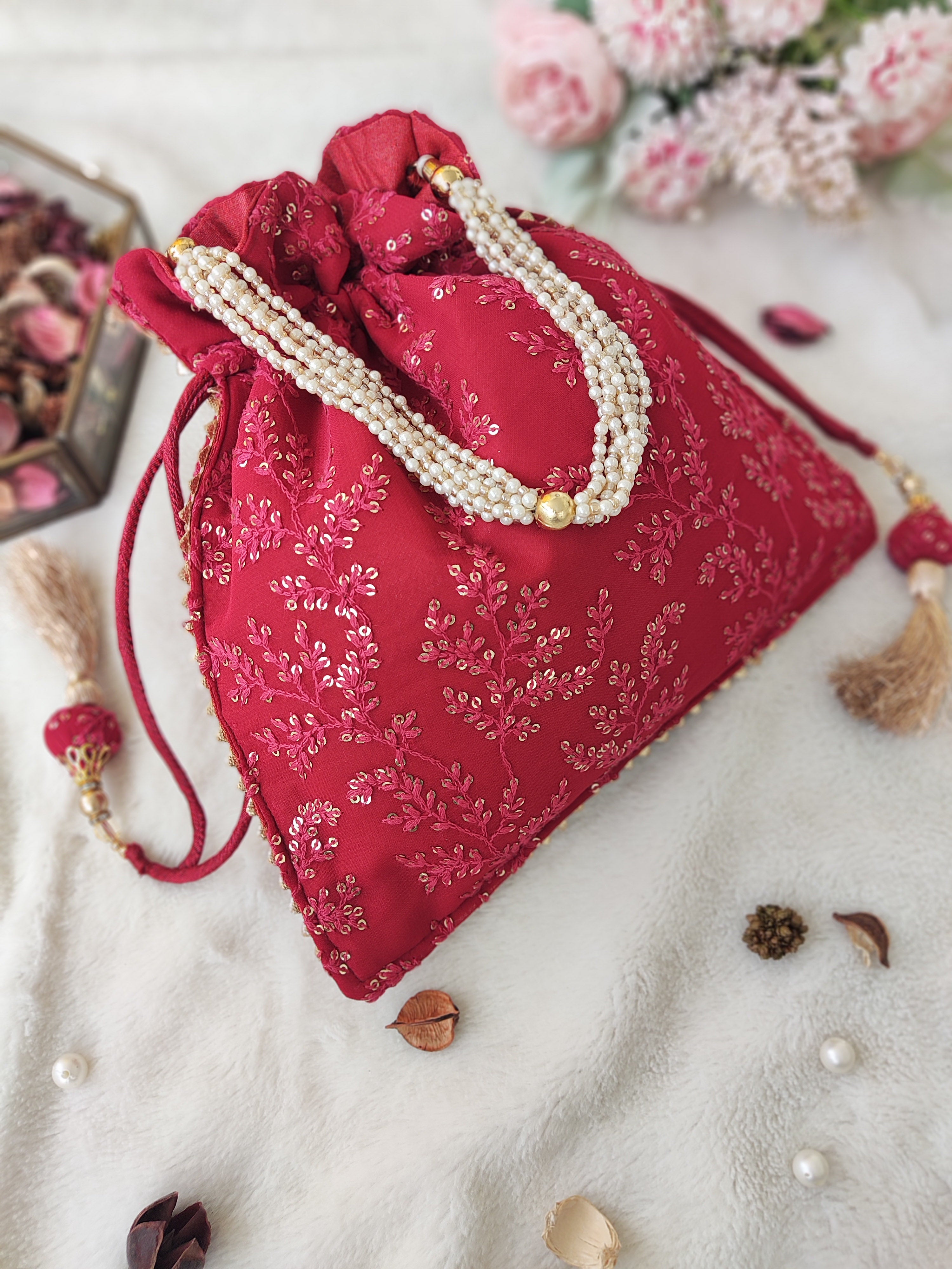 Cherry Red Sequinwork Potli Bag