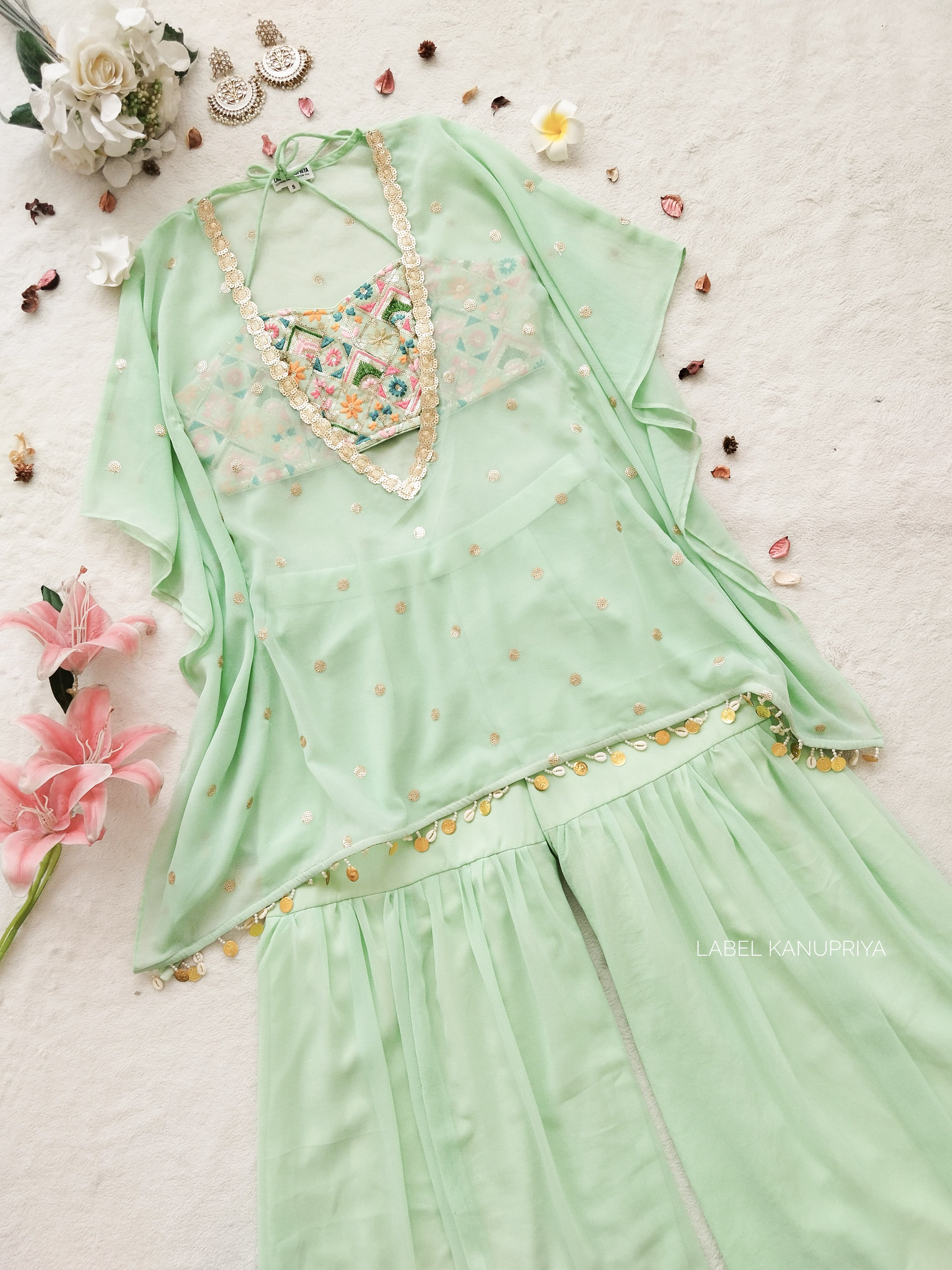 Pista Green Embroidered Kaftan Crop Top Sharara Set