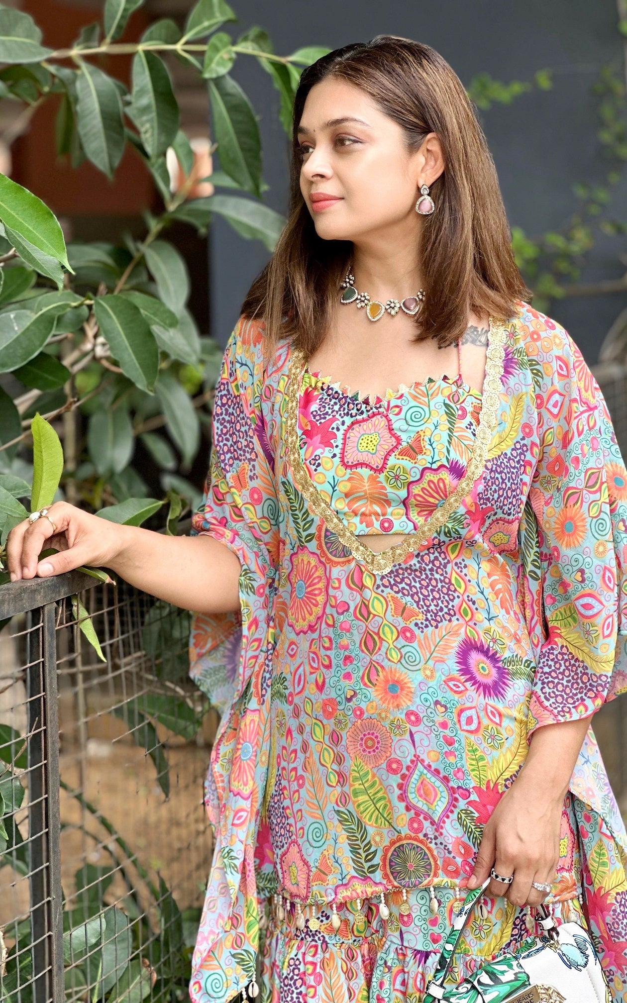 Aqua Kitschy Printed Crop Top and Sharara Set