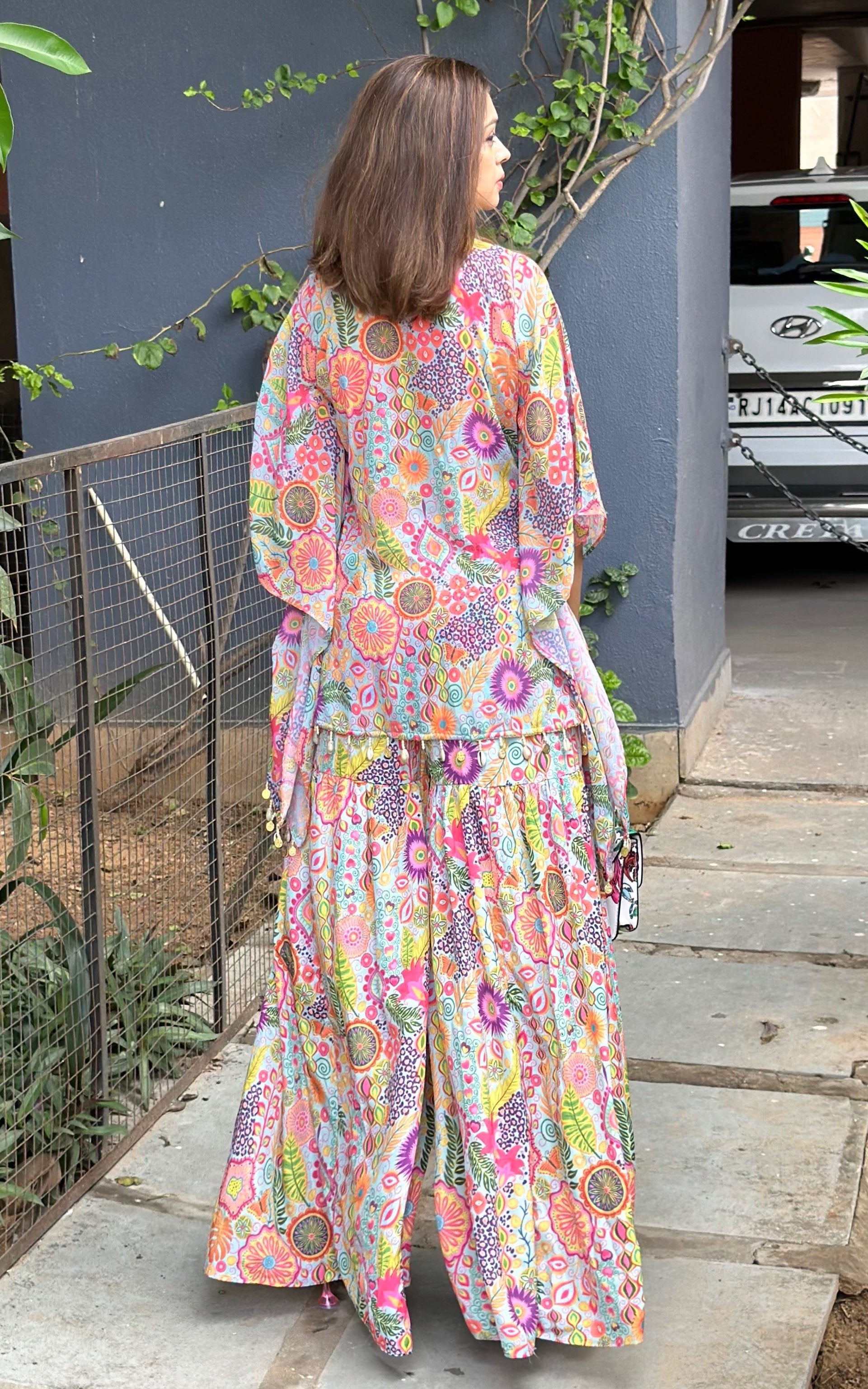 Aqua Kitschy Printed Crop Top and Sharara Set