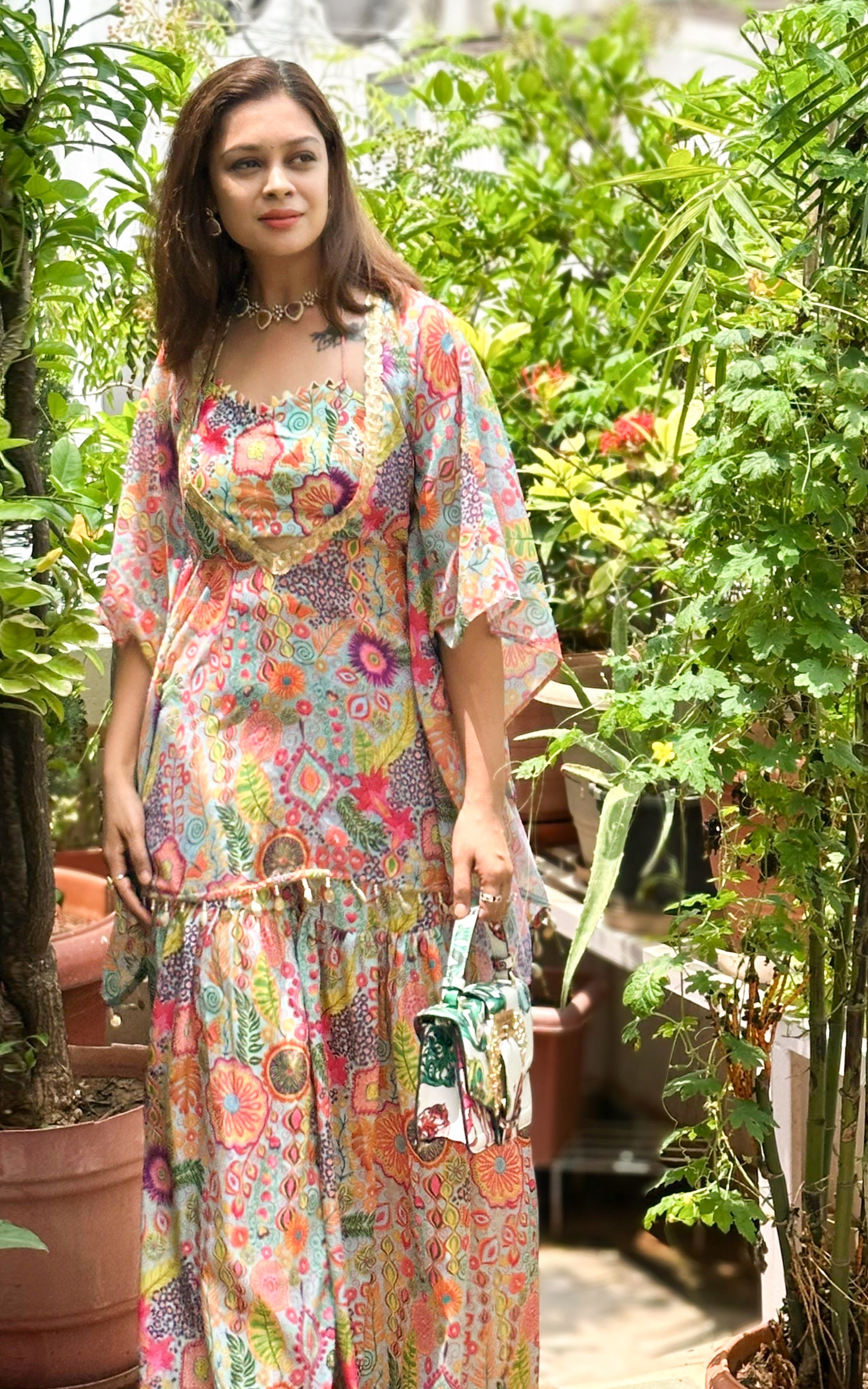 Aqua Kitschy Printed Crop Top and Sharara Set