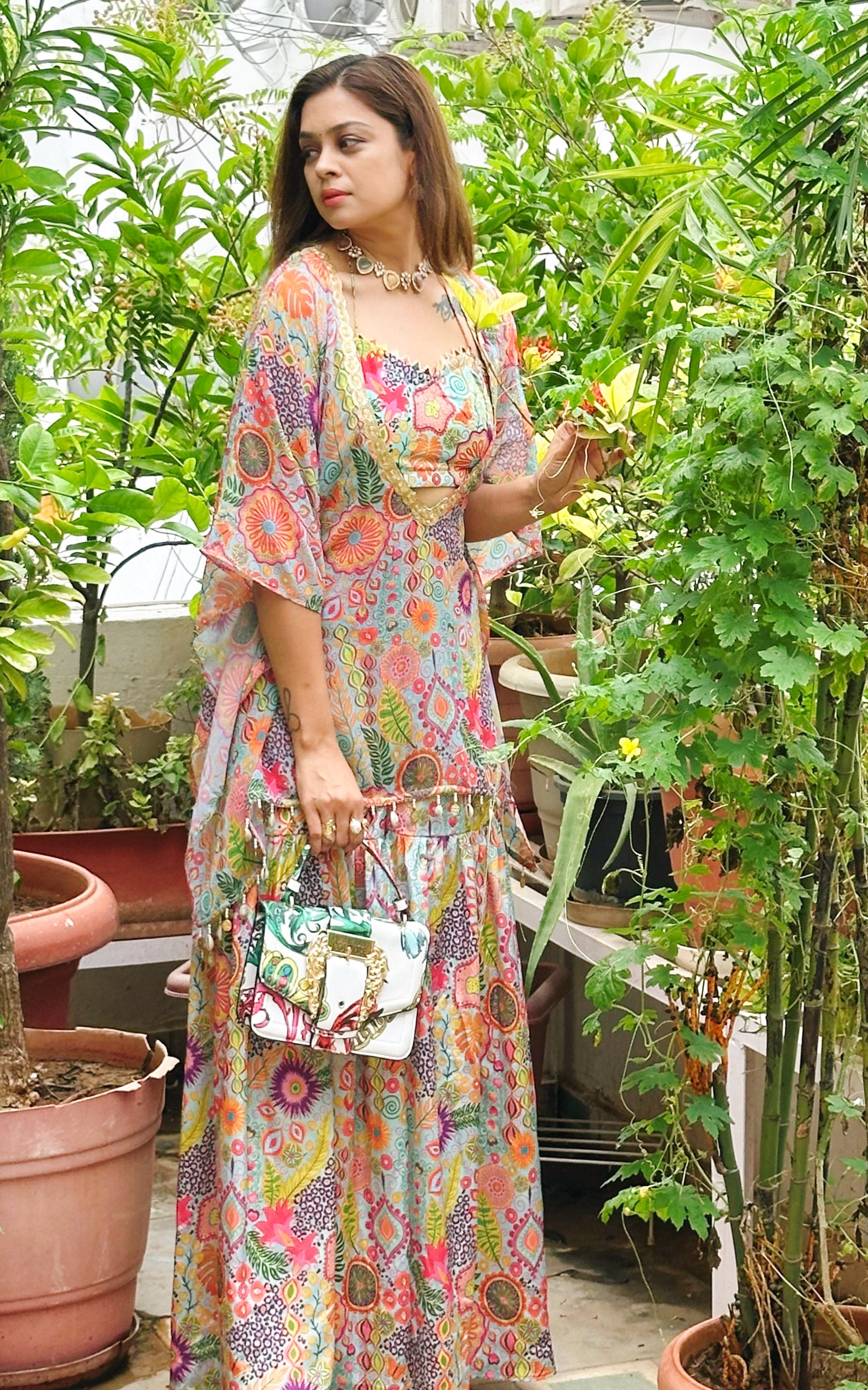 Aqua Kitschy Printed Crop Top and Sharara Set