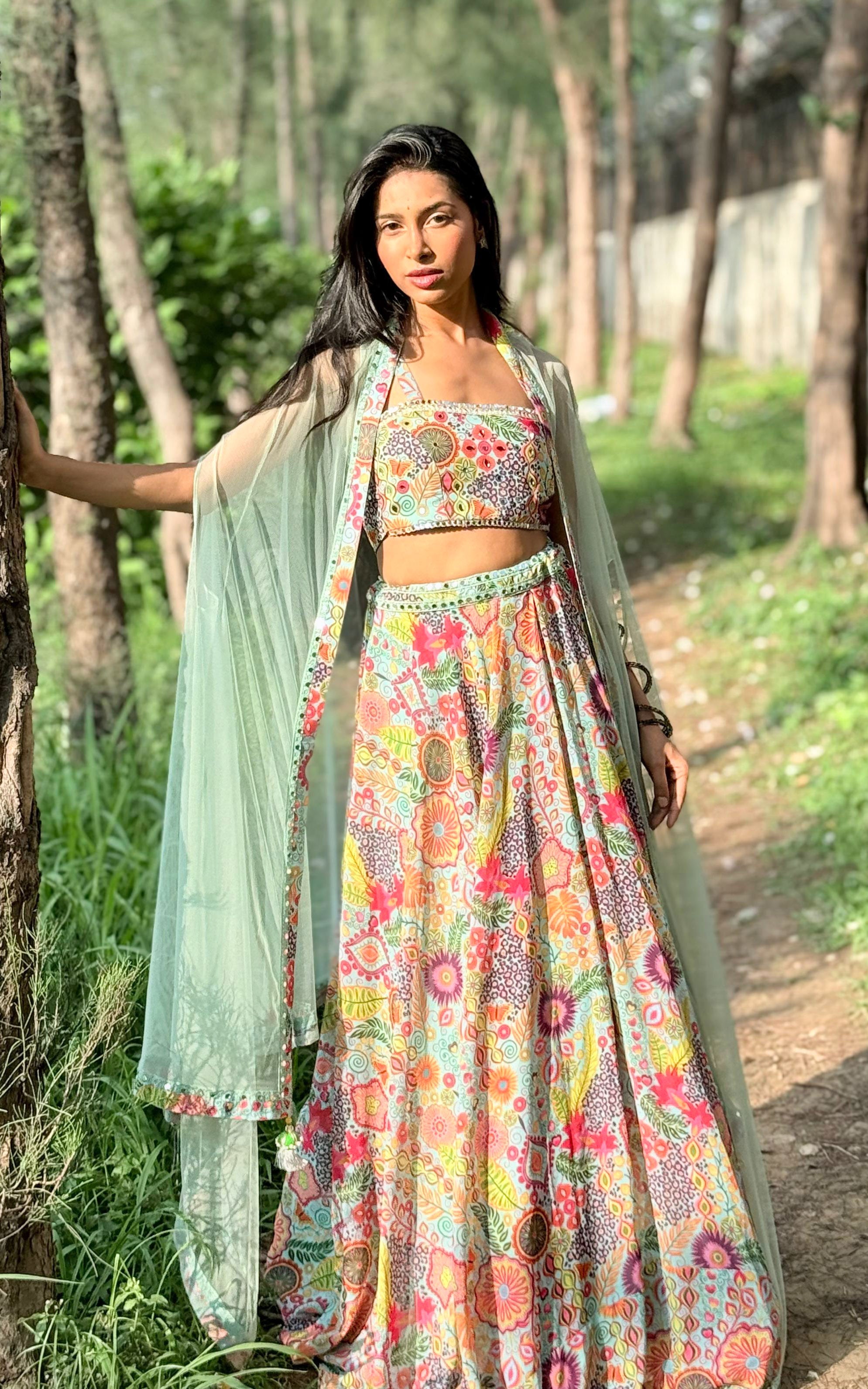 Sea Green Kitschy Print Mirrorwork Lehenga