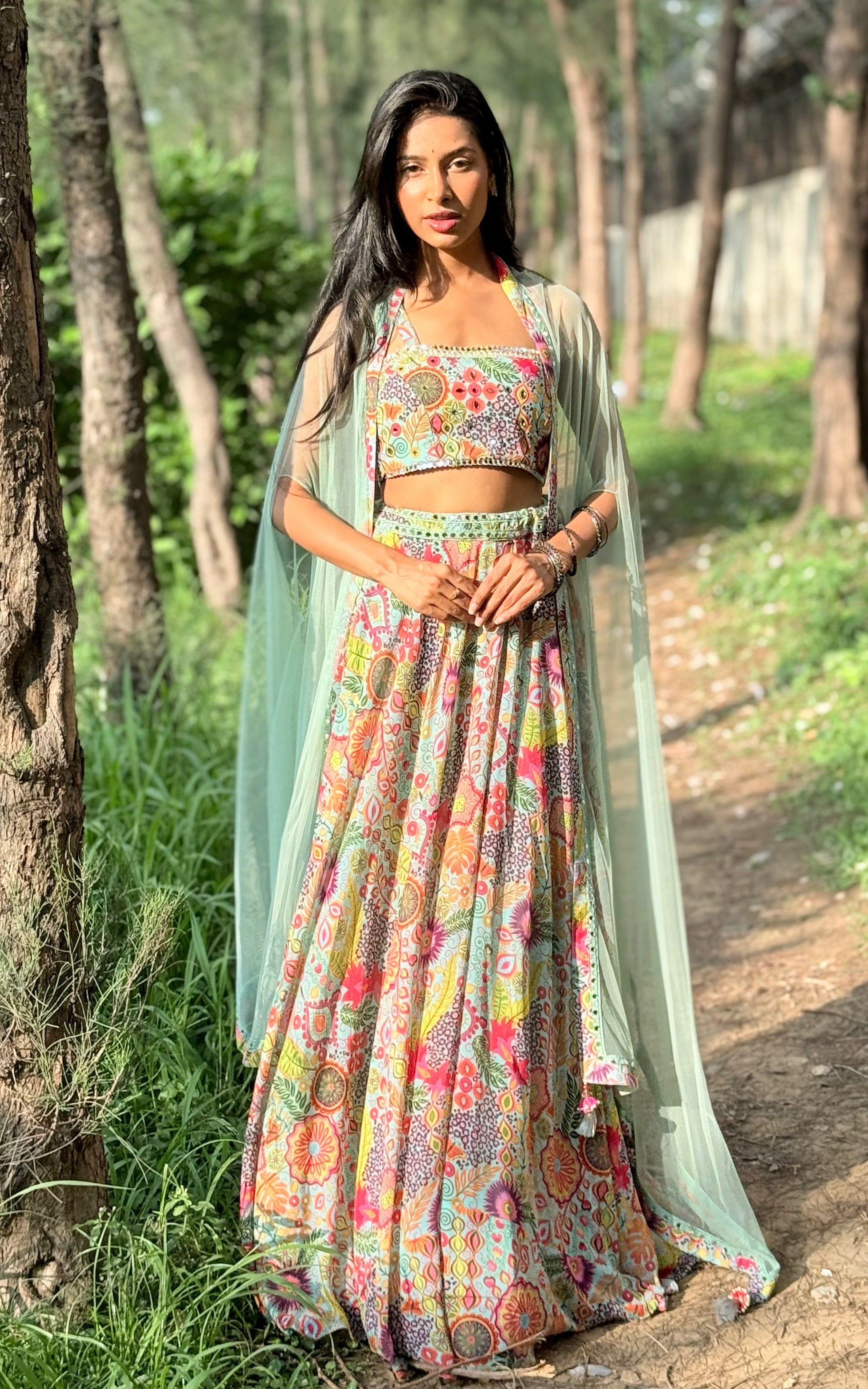 Sea Green Kitschy Print Mirrorwork Lehenga
