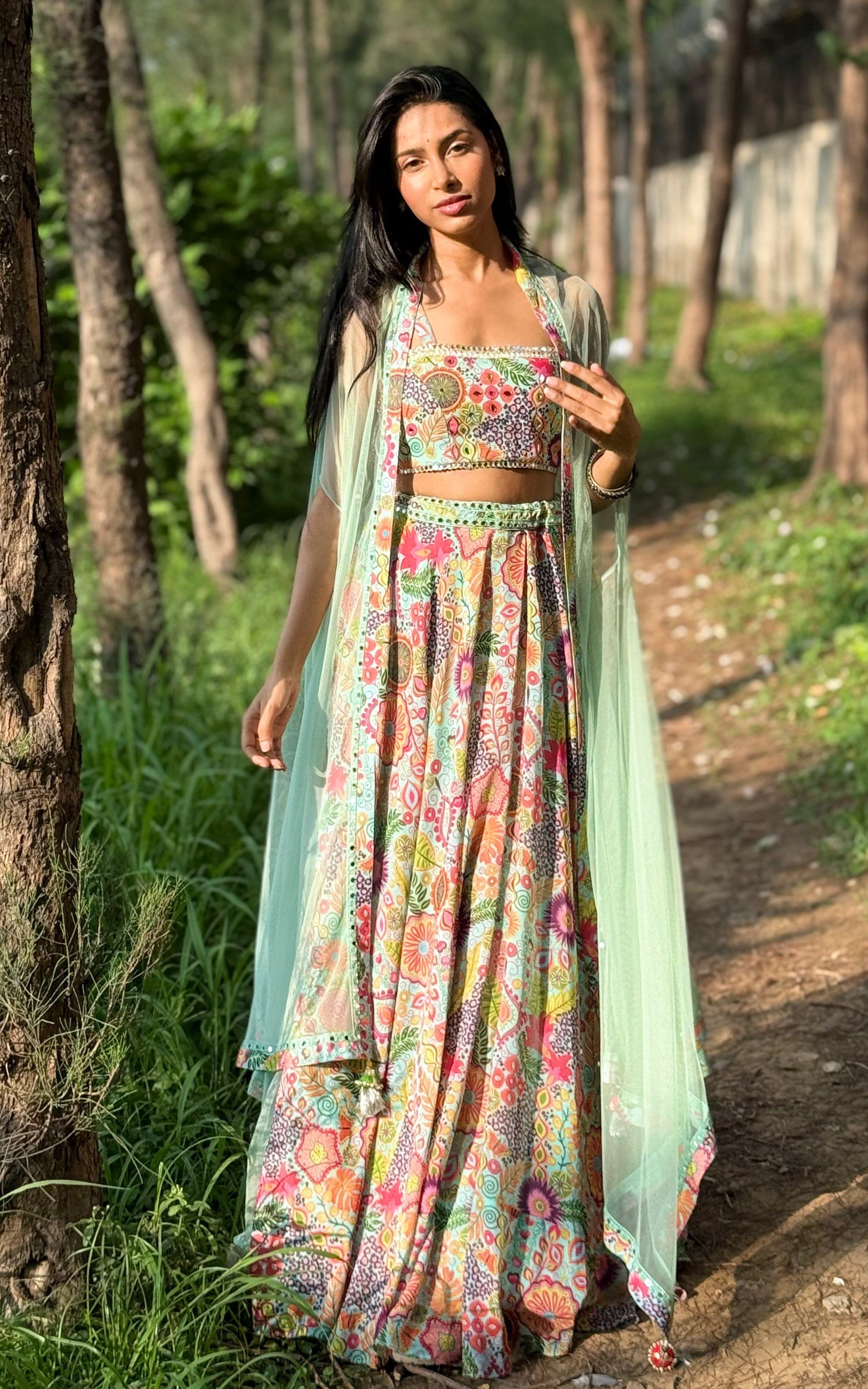 Sea Green Kitschy Print Mirrorwork Lehenga