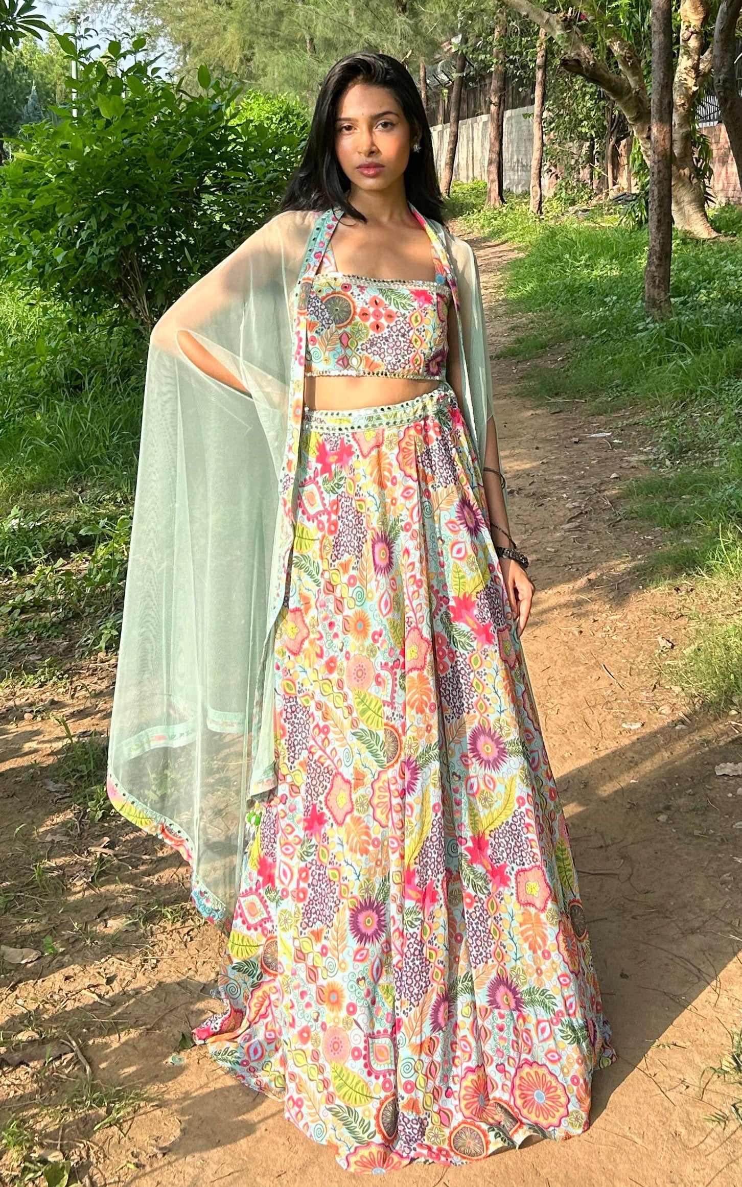 Sea Green Kitschy Print Mirrorwork Lehenga