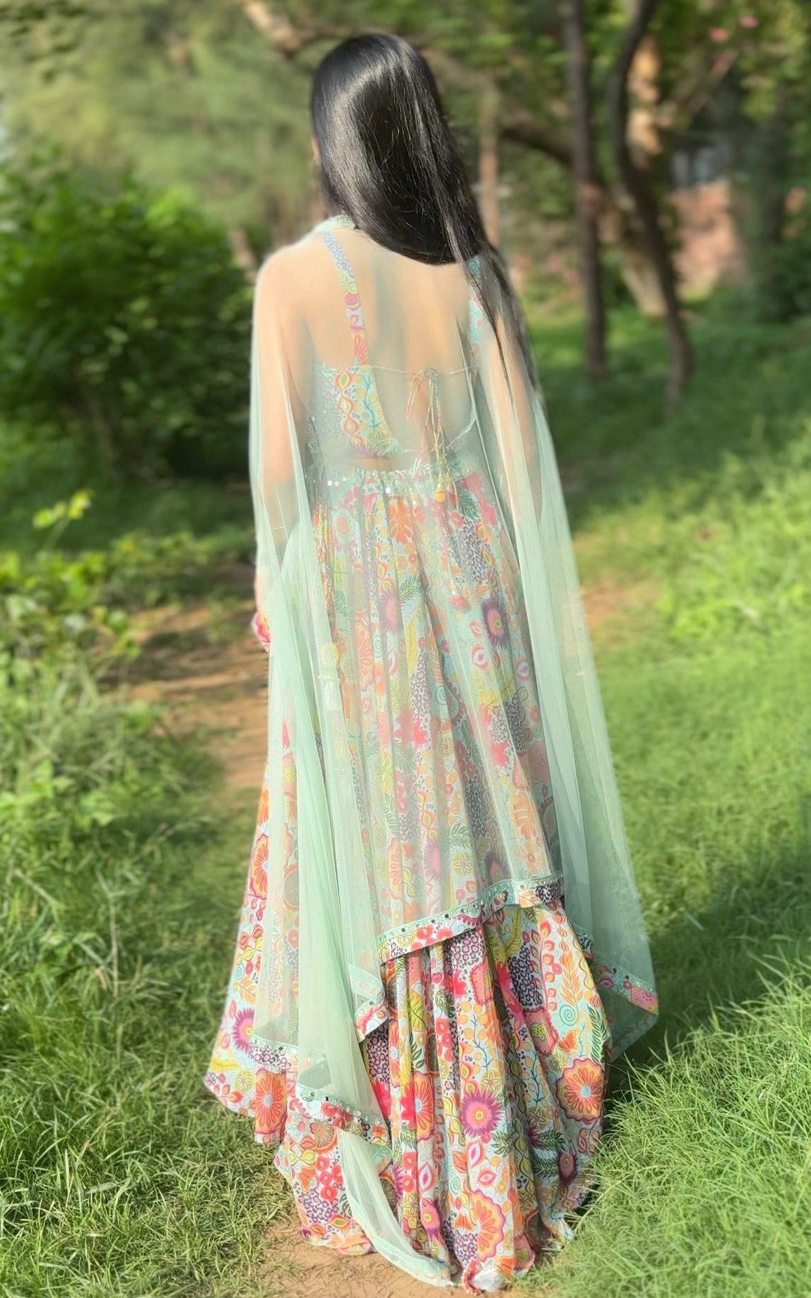 Sea Green Kitschy Print Mirrorwork Lehenga