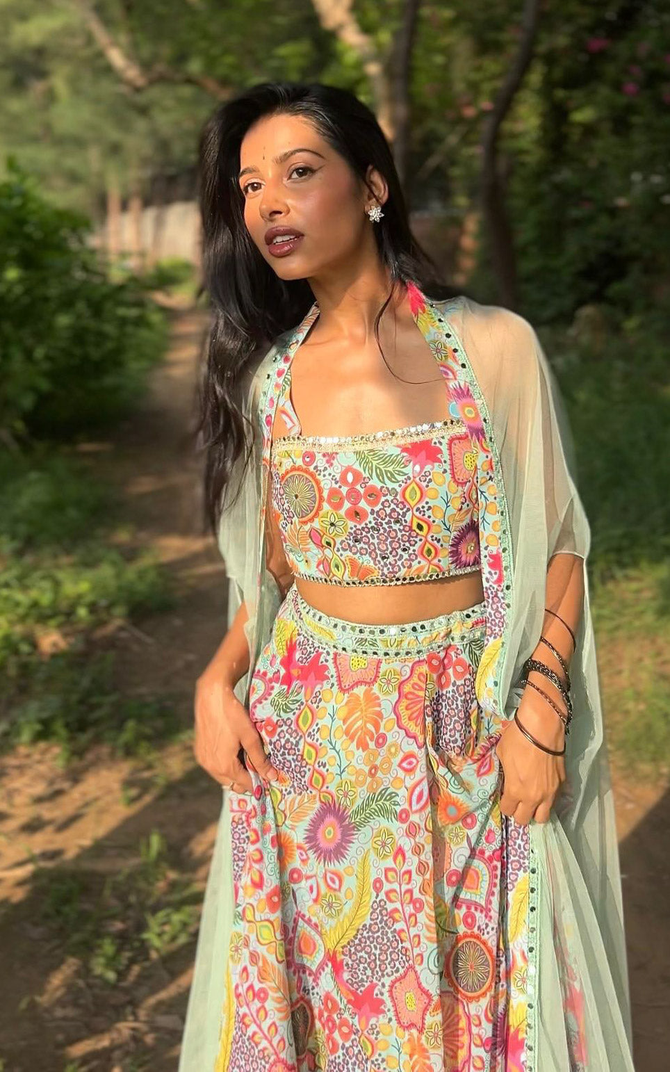 Sea Green Kitschy Print Mirrorwork Lehenga