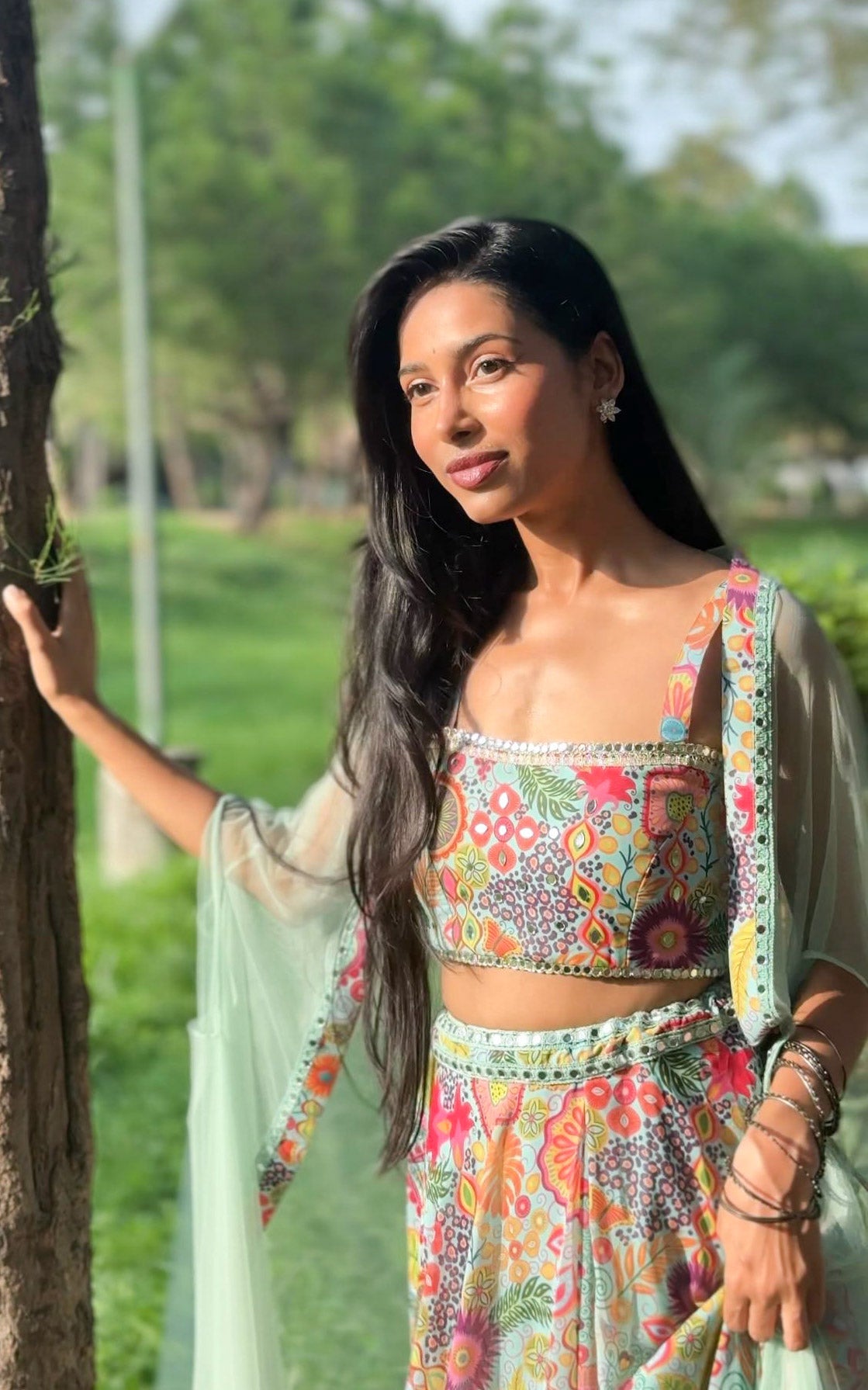 Sea Green Kitschy Print Mirrorwork Lehenga