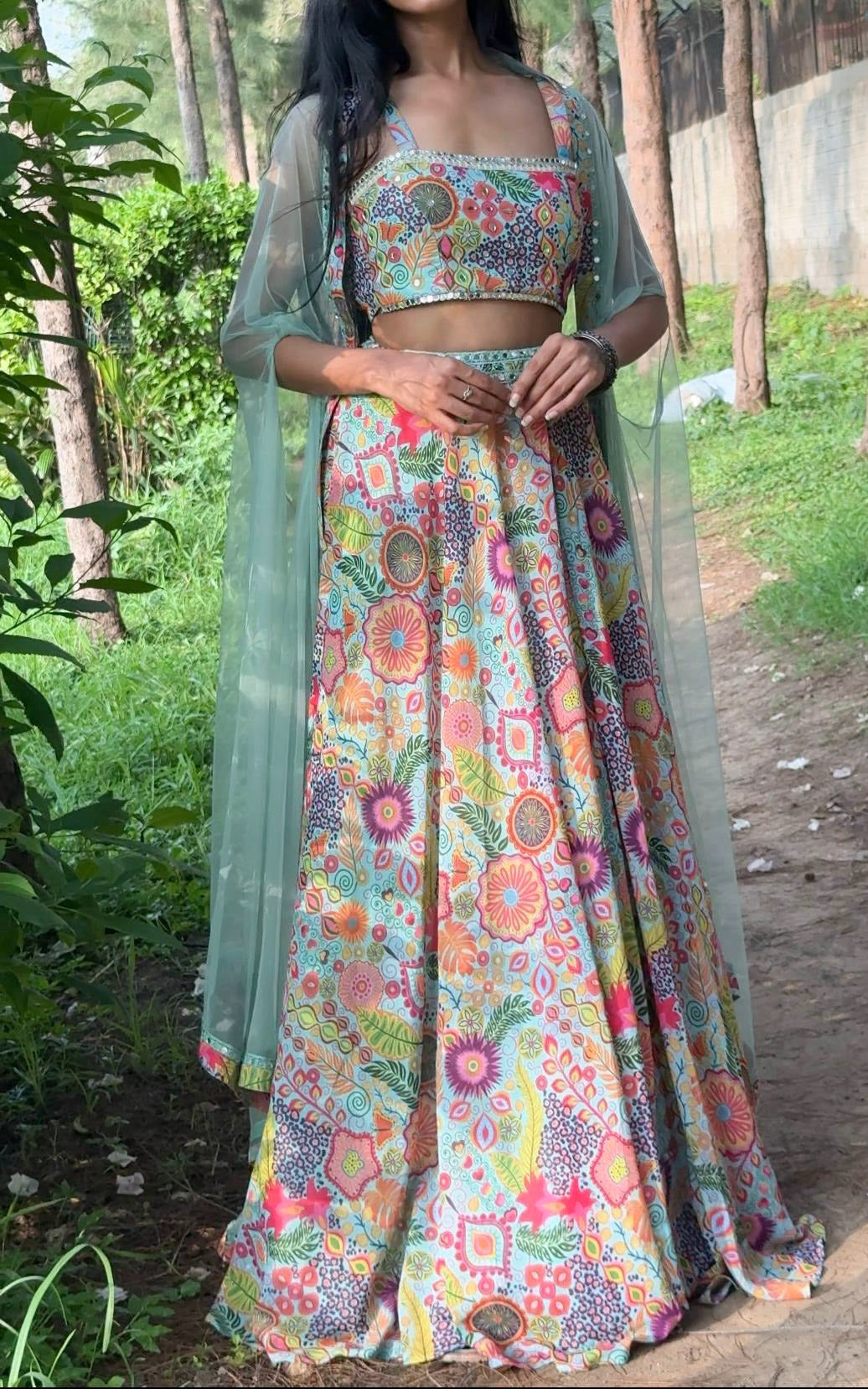 Sea Green Kitschy Print Mirrorwork Lehenga
