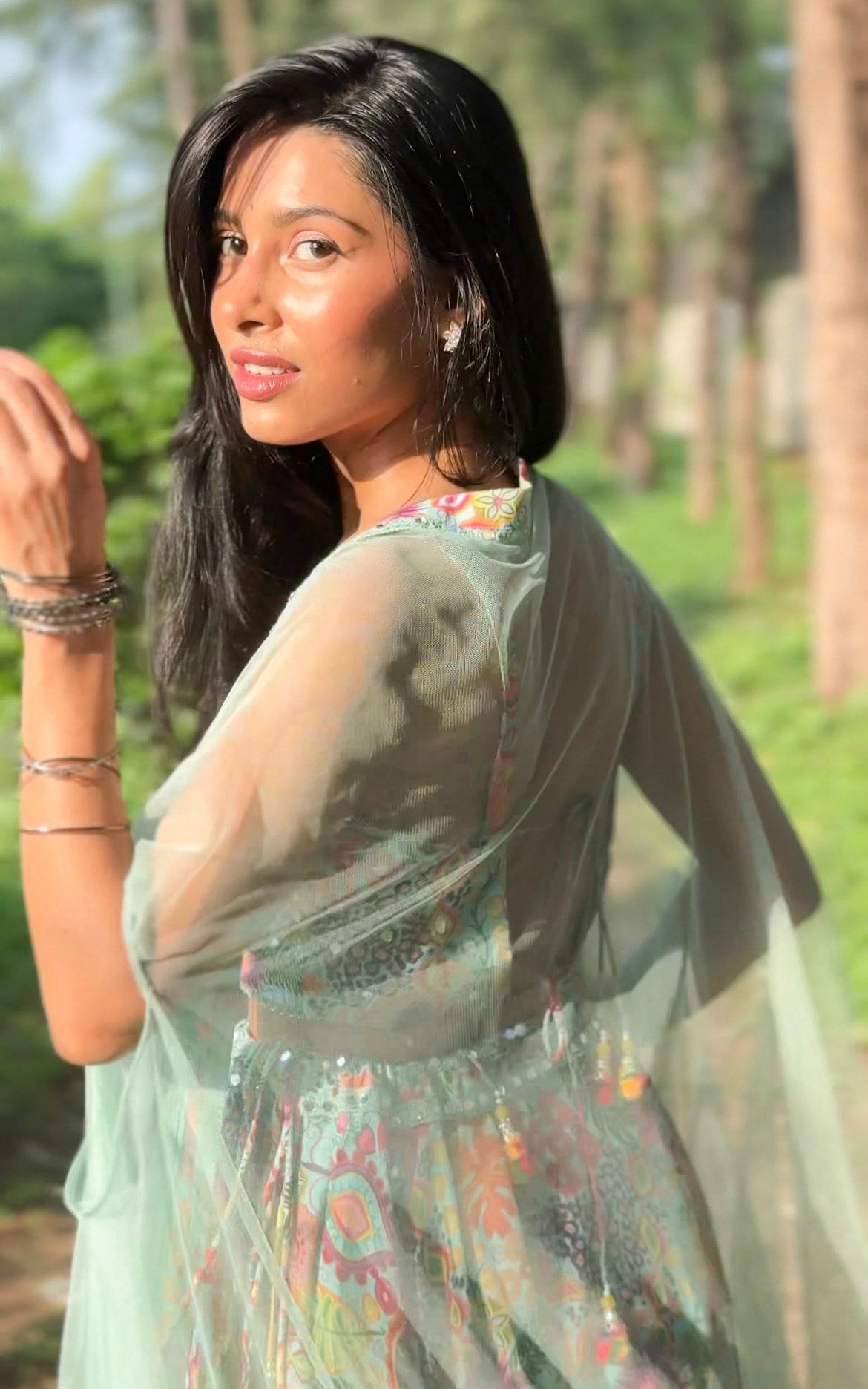 Sea Green Kitschy Print Mirrorwork Lehenga