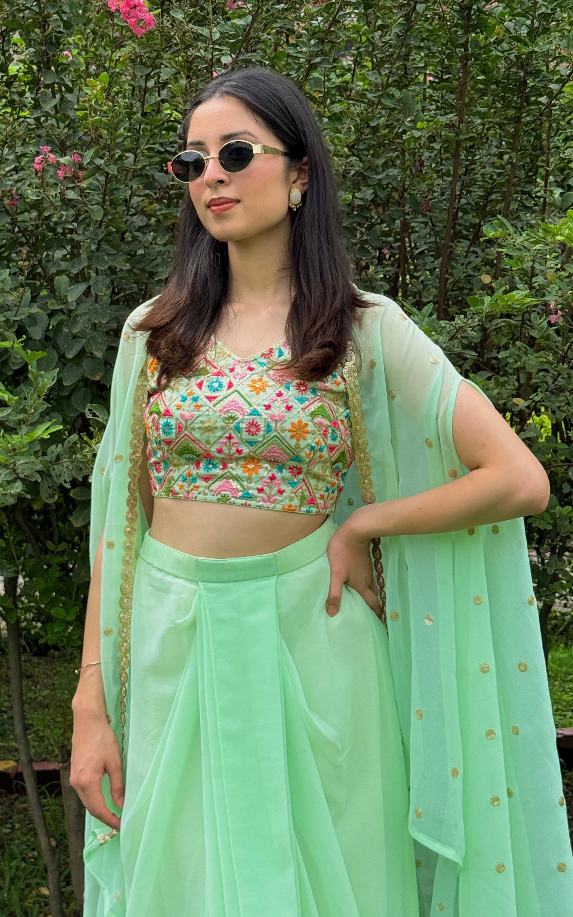 Pista Green Embroidered Crop Top & Draped Skirt Co-ord Set