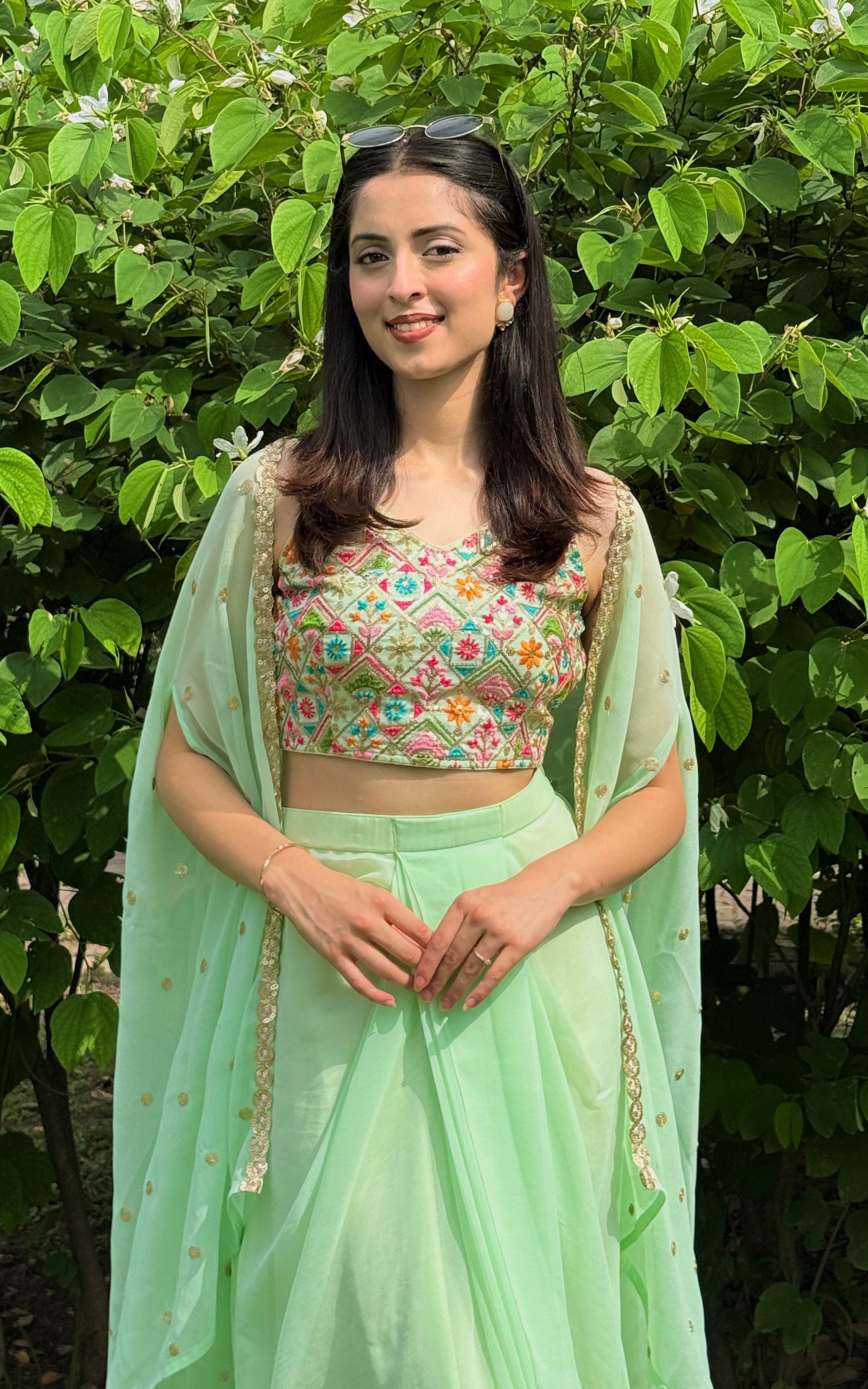 Pista Green Embroidered Crop Top & Draped Skirt Co-ord Set