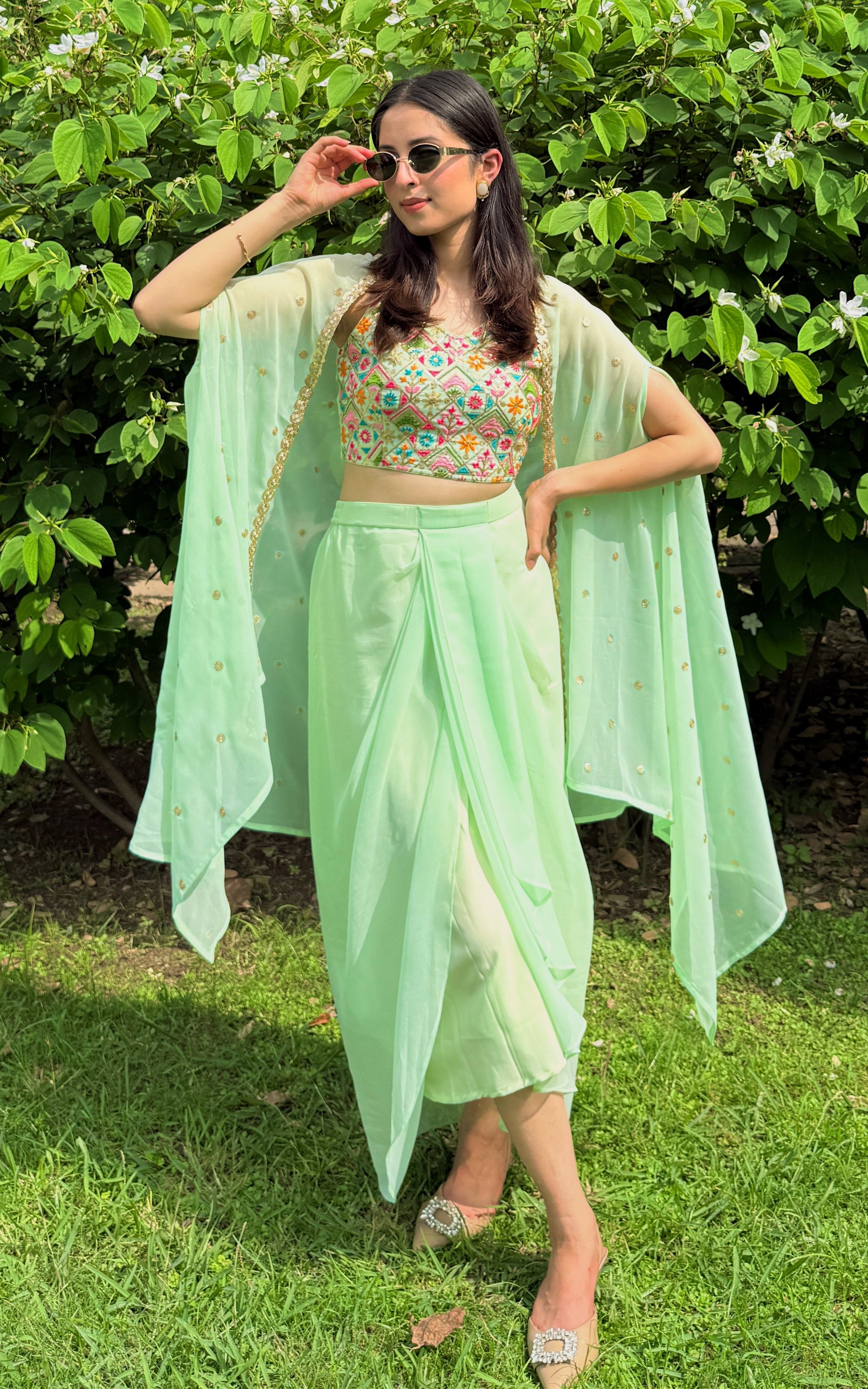 Pista Green Embroidered Crop Top & Draped Skirt Co-ord Set