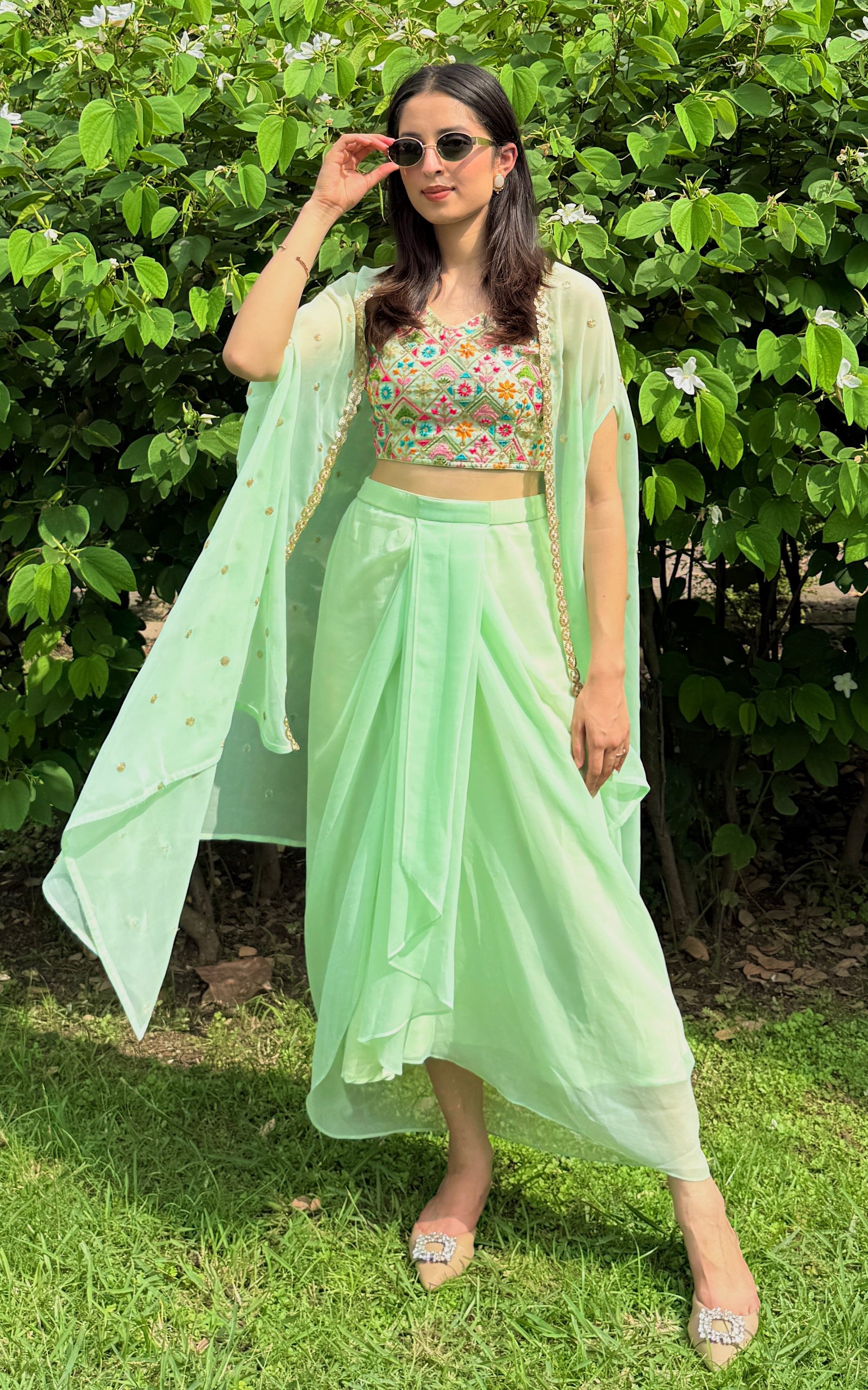 Pista Green Embroidered Crop Top & Draped Skirt Co-ord Set