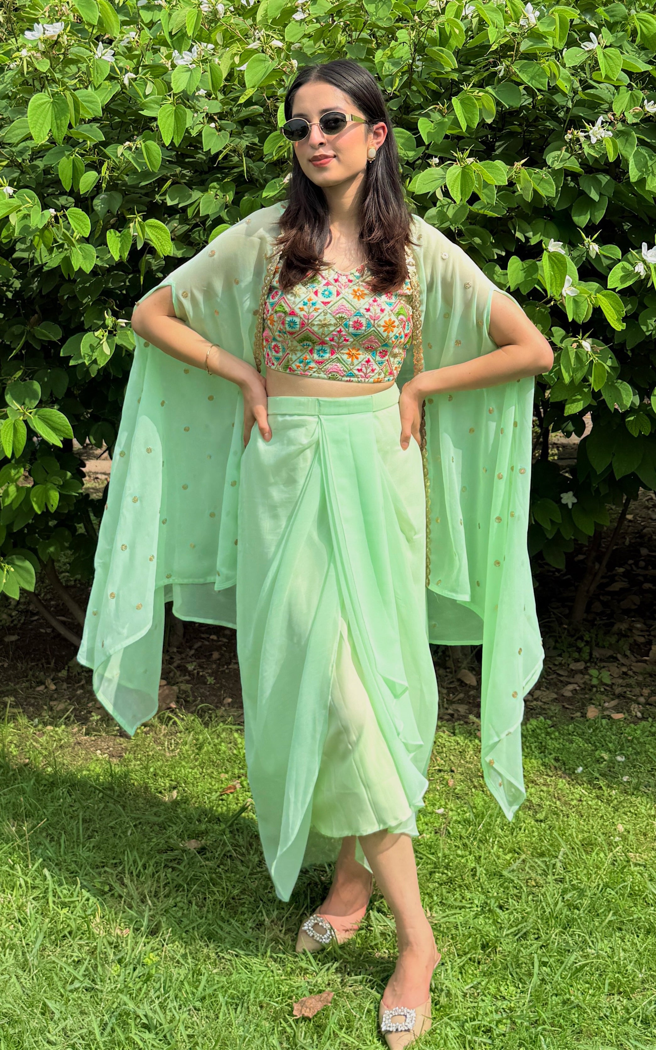 Pista Green Embroidered Crop Top & Draped Skirt Co-ord Set