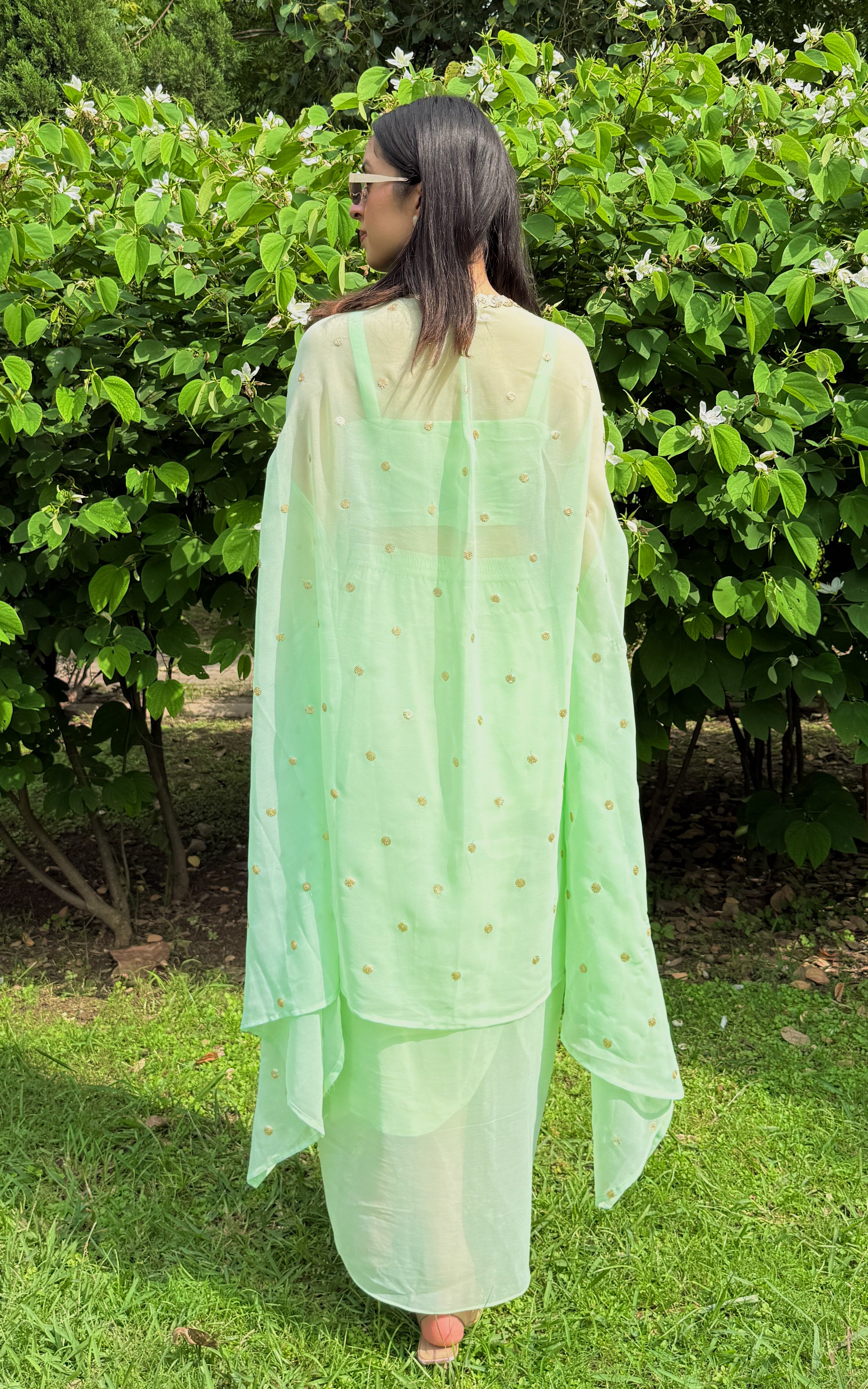 Pista Green Embroidered Crop Top & Draped Skirt Co-ord Set