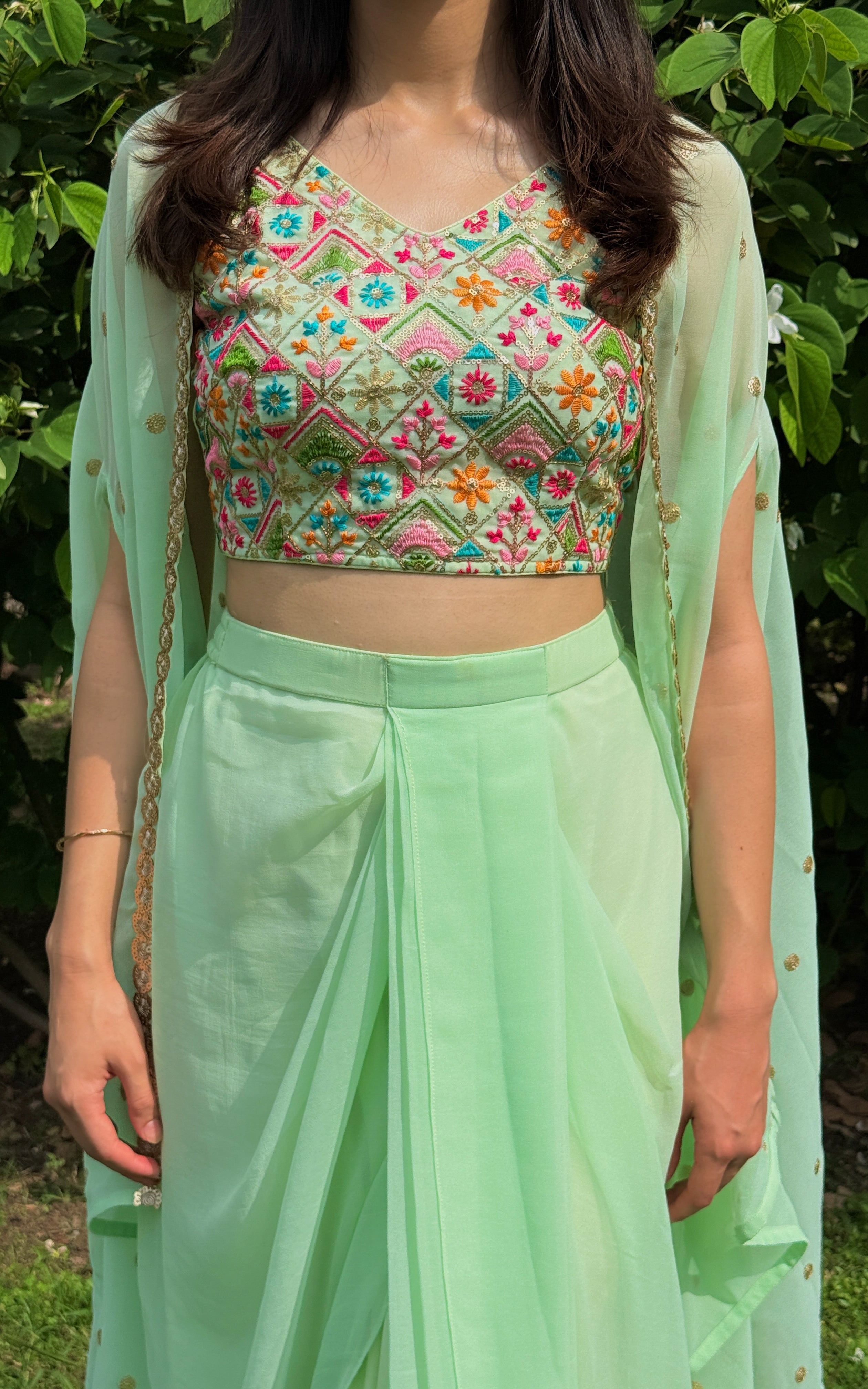 Pista Green Embroidered Crop Top & Draped Skirt Co-ord Set