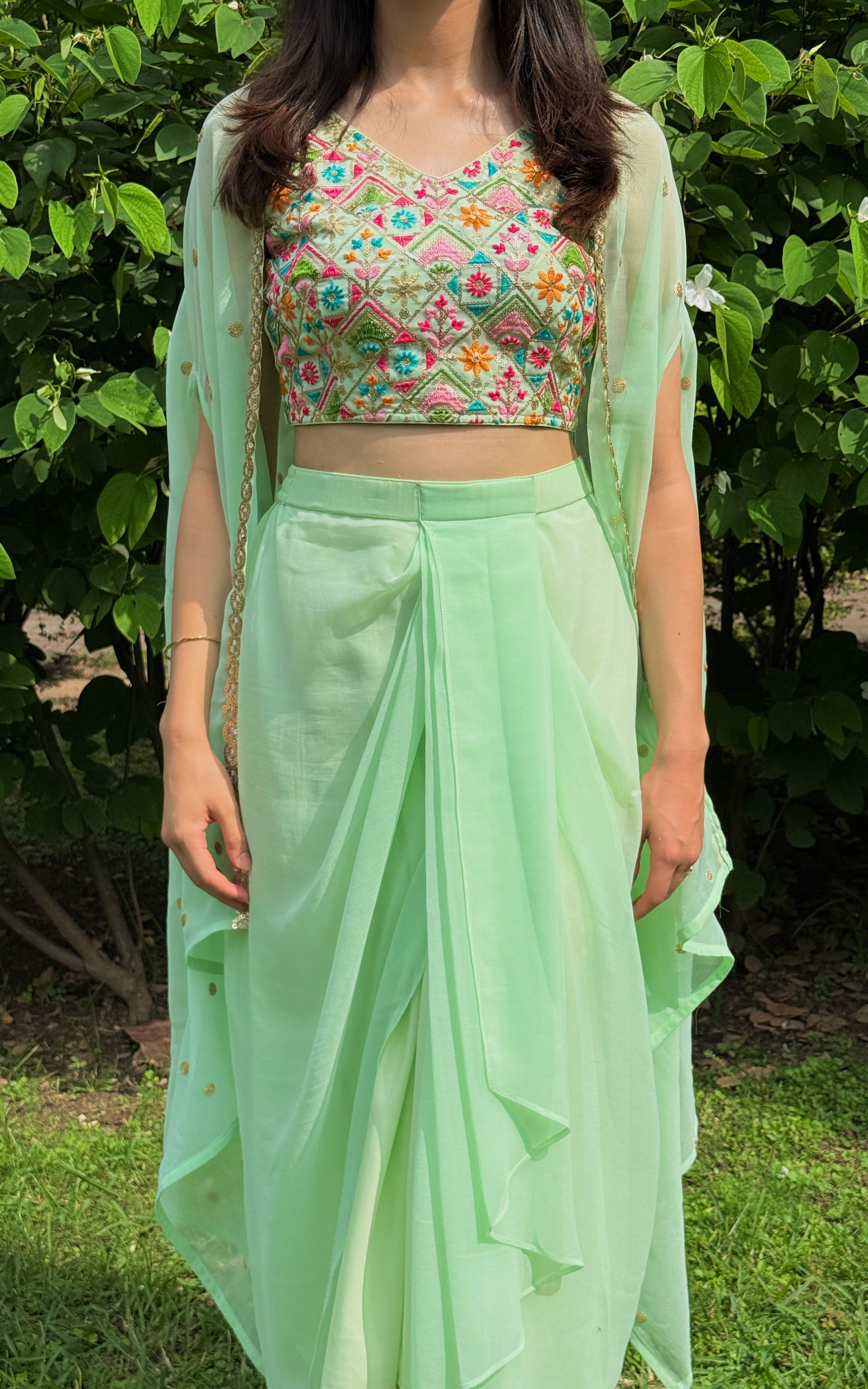 Pista Green Embroidered Crop Top & Draped Skirt Co-ord Set