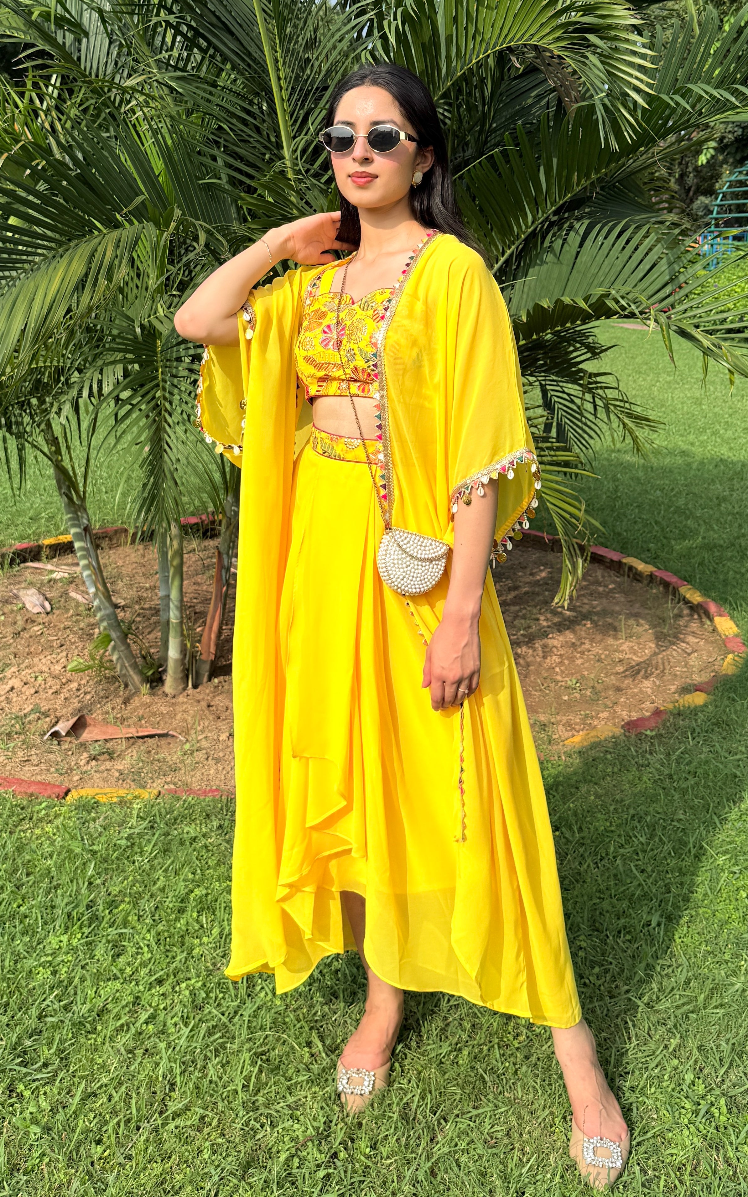 Yellow Embroidered Crop Top Draped Skirt Set