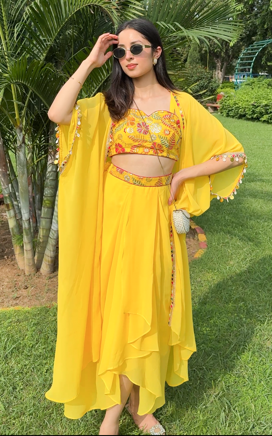 Yellow Embroidered Crop Top Draped Skirt Set