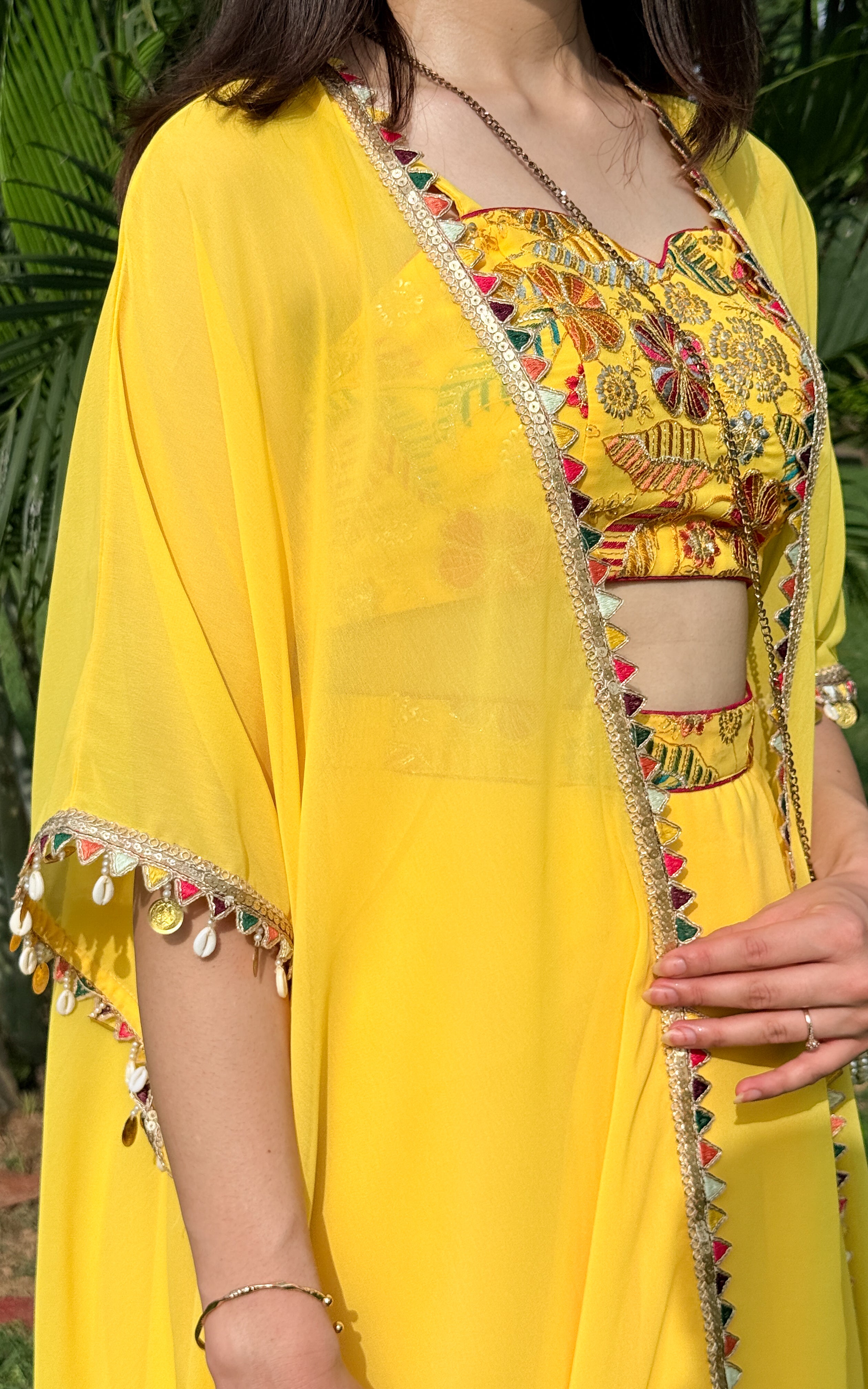 Yellow Embroidered Crop Top Draped Skirt Set