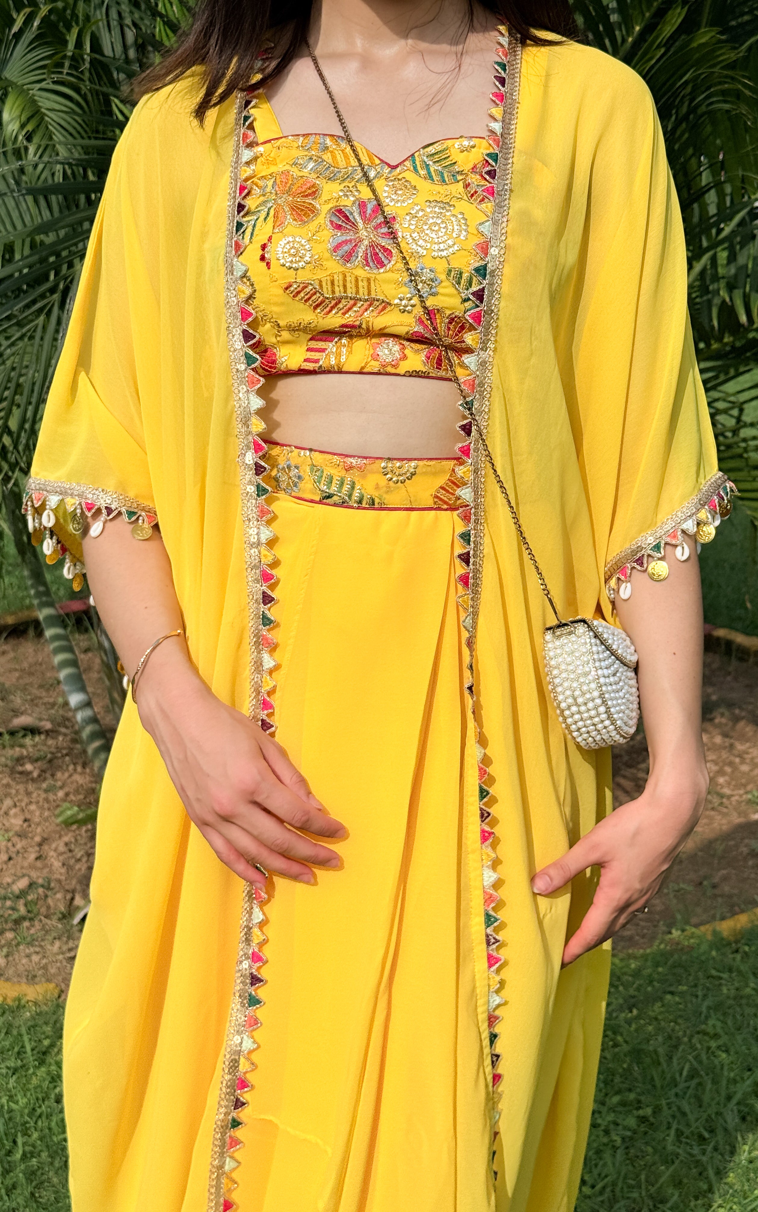 Yellow Embroidered Crop Top Draped Skirt Set