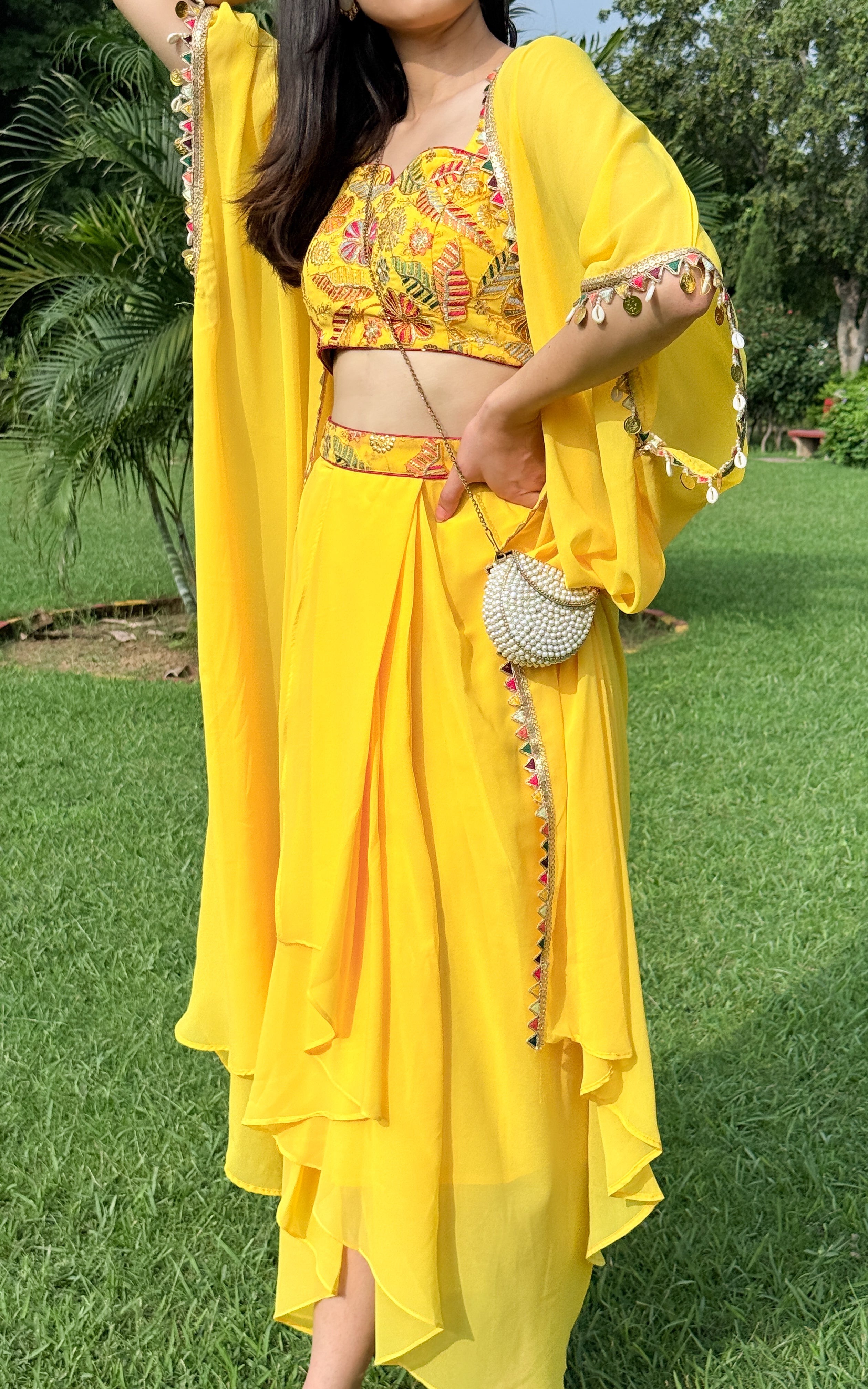 Yellow Embroidered Crop Top Draped Skirt Set