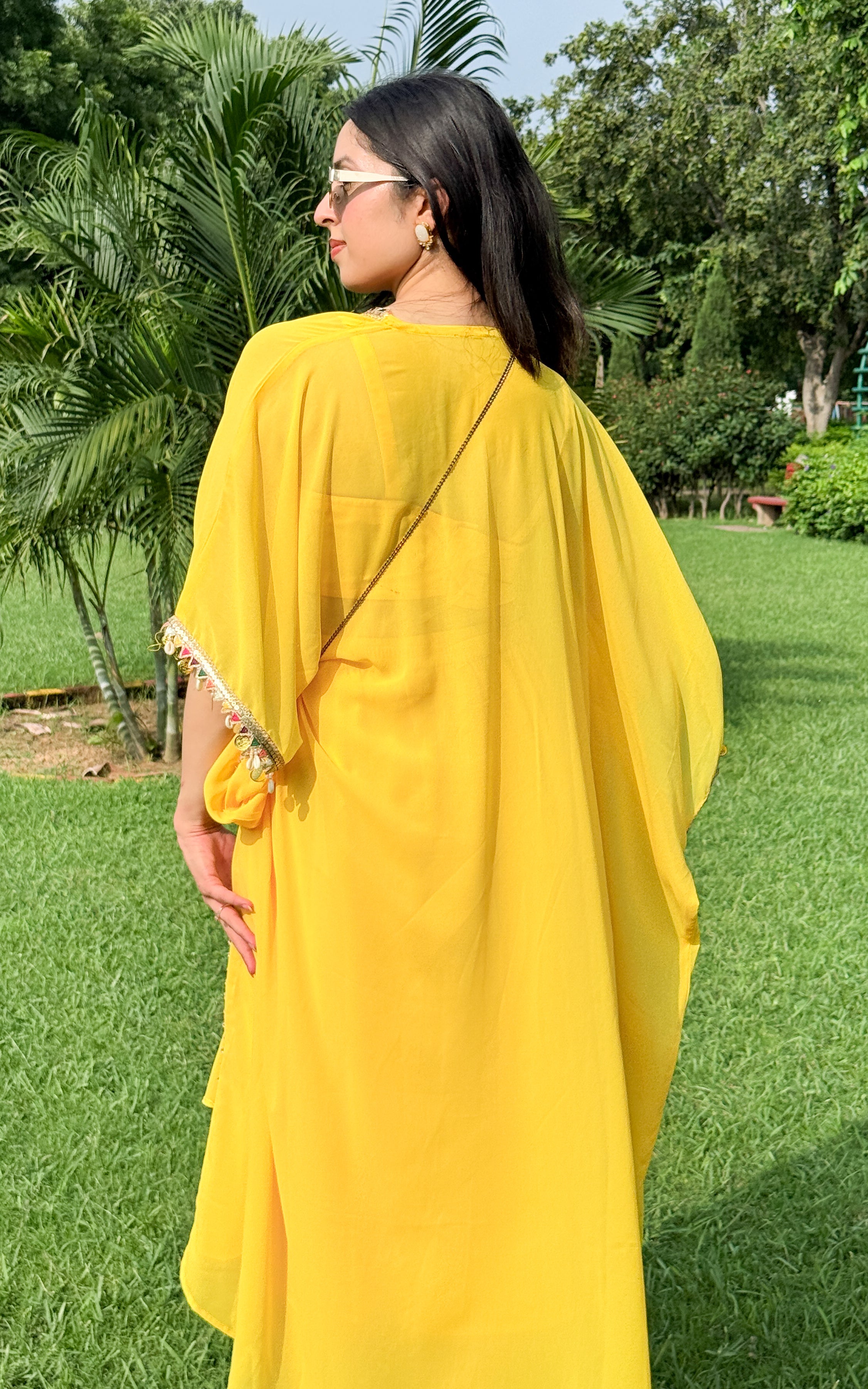 Yellow Embroidered Crop Top Draped Skirt Set
