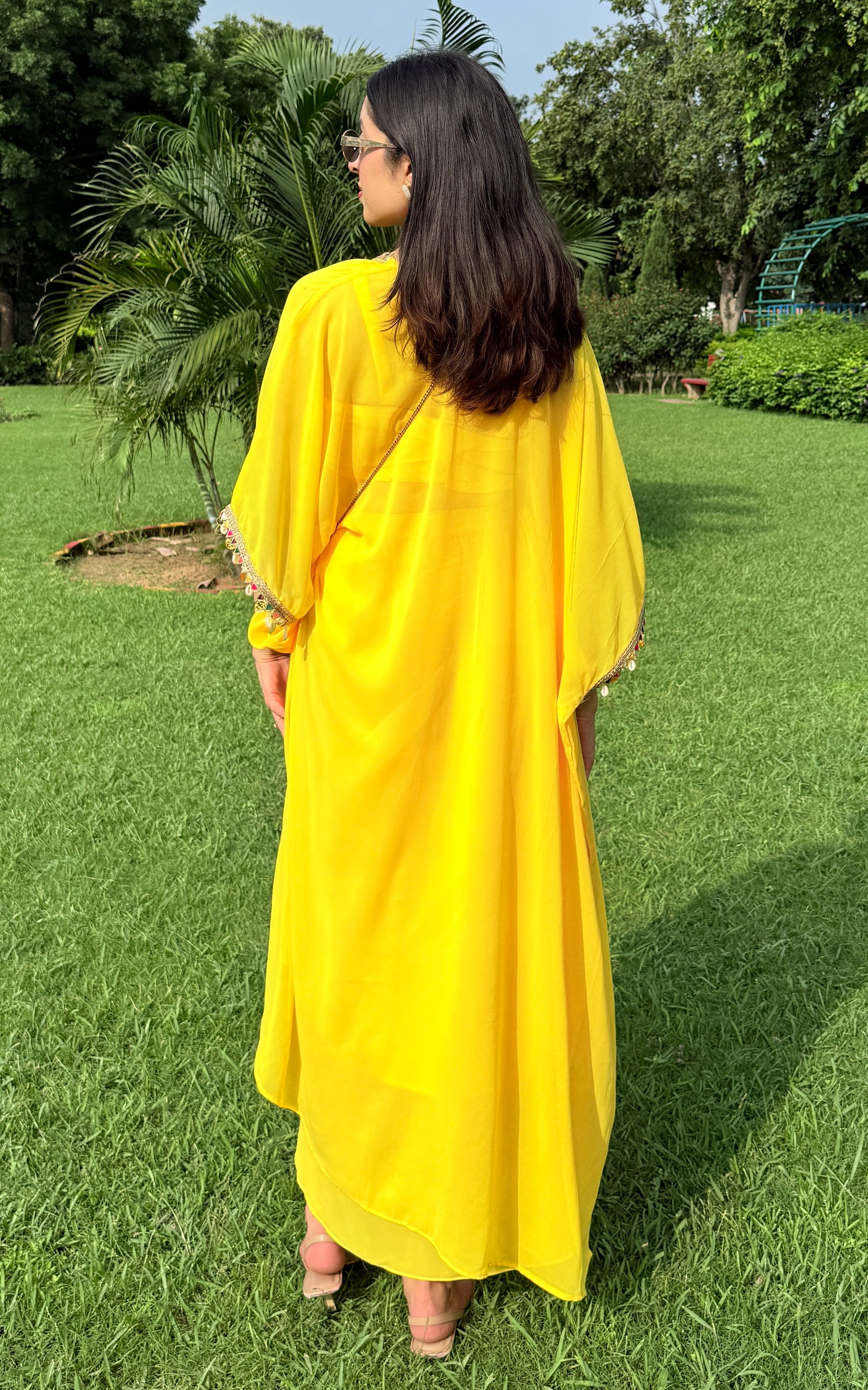 Yellow Embroidered Crop Top Draped Skirt Set