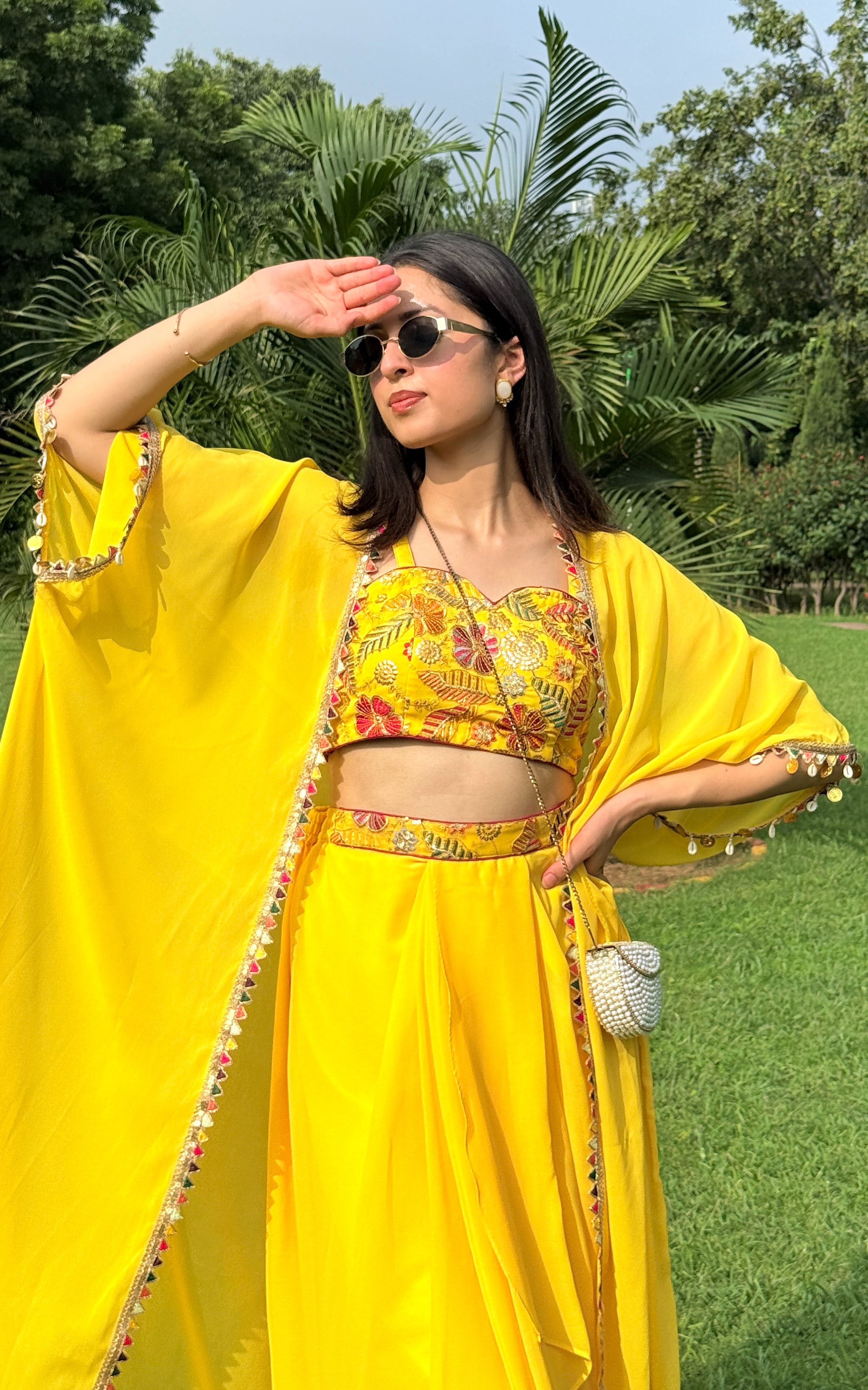 Yellow Embroidered Crop Top Draped Skirt Set