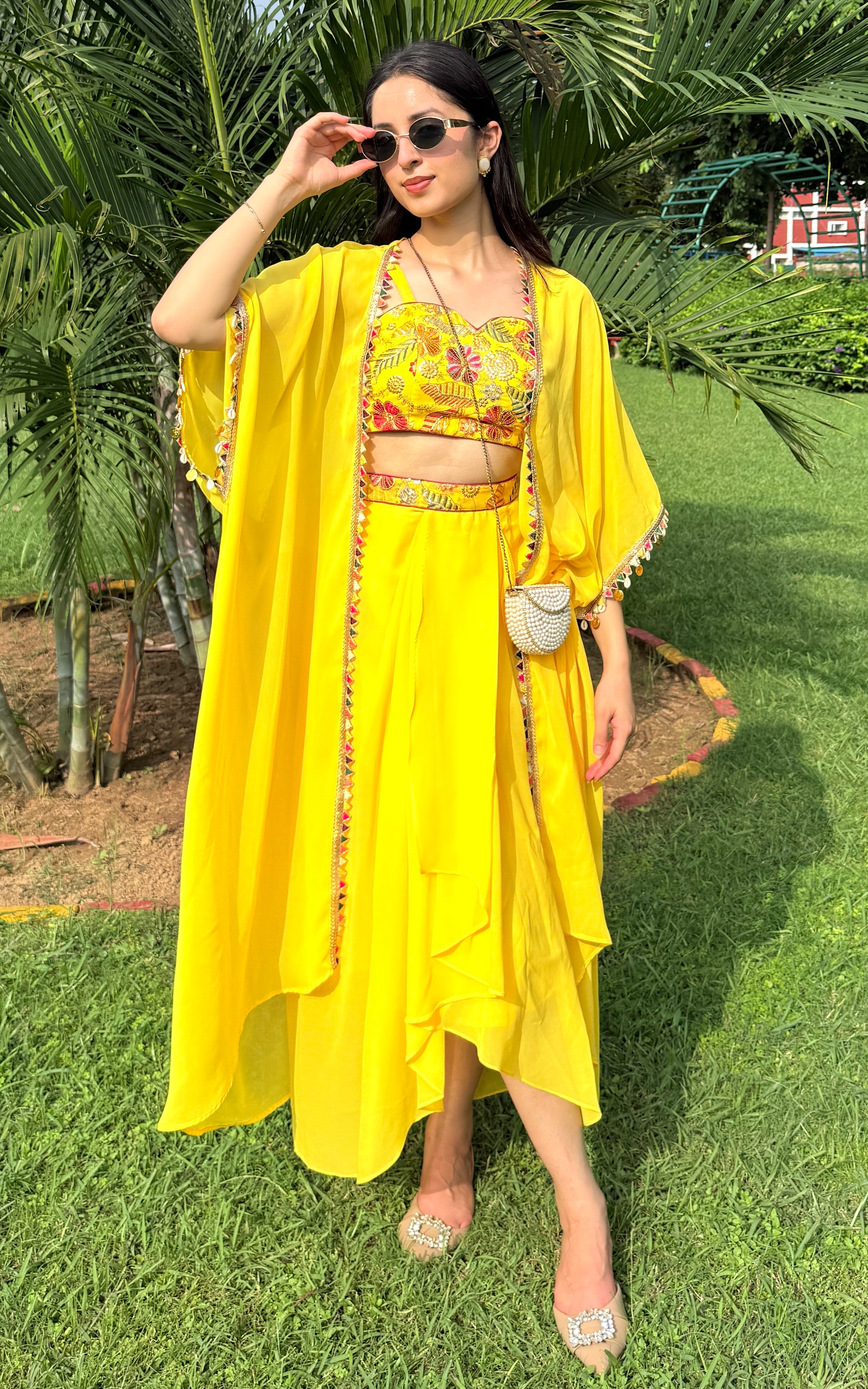 Yellow Embroidered Crop Top Draped Skirt Set