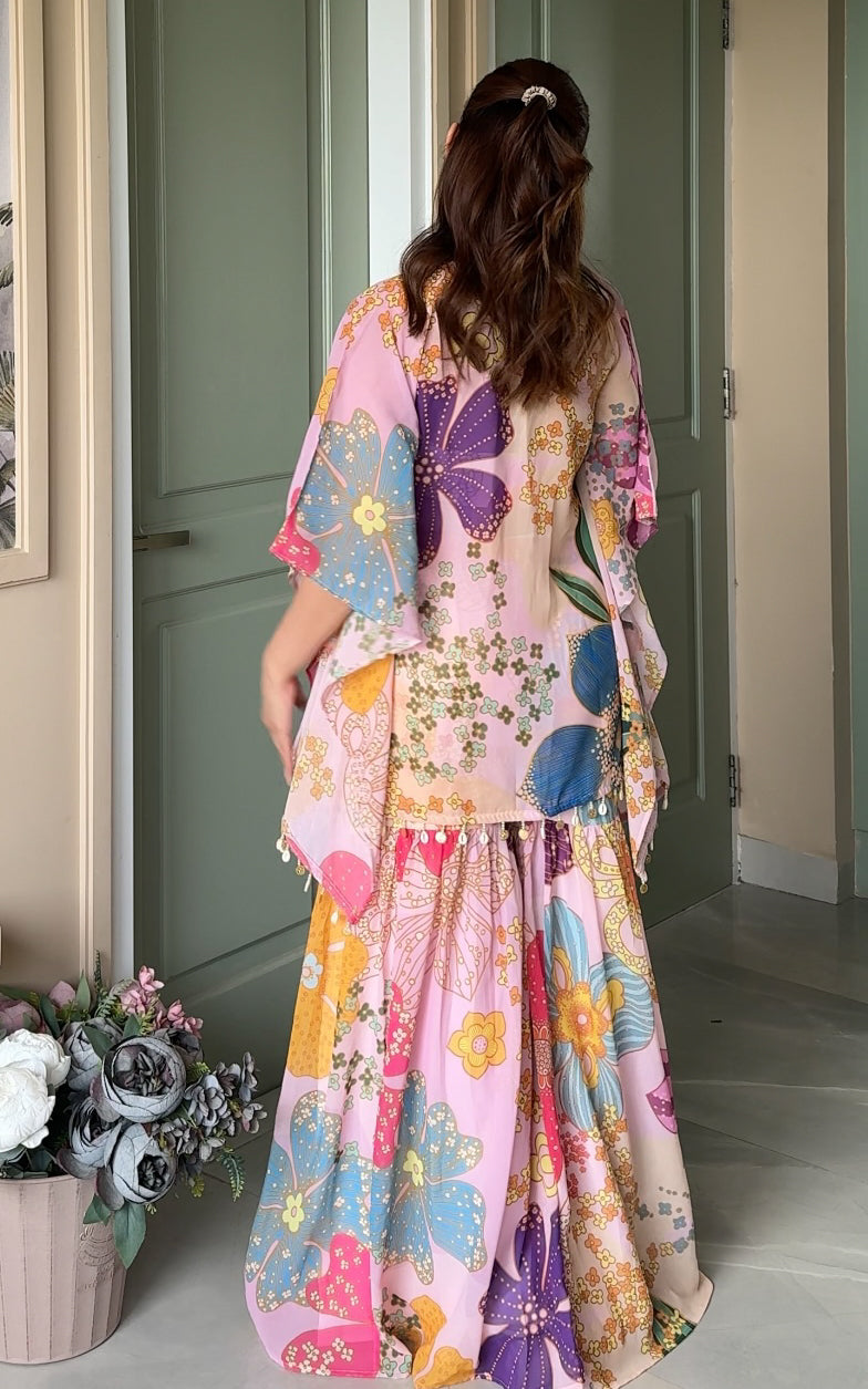 Pink Floral Printed Crop Top Sharara Kaftan Set