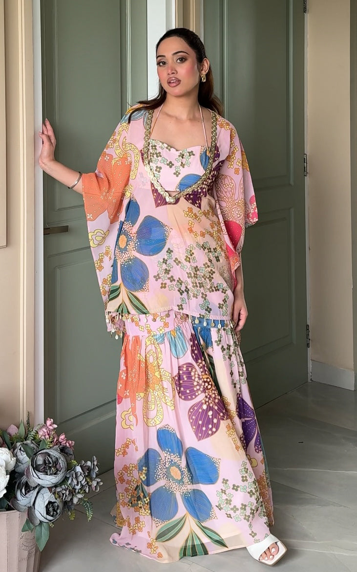 Pink Floral Printed Crop Top Sharara Kaftan Set
