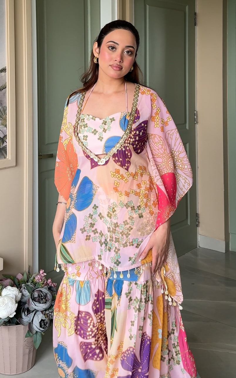 Pink Floral Printed Crop Top Sharara Kaftan Set