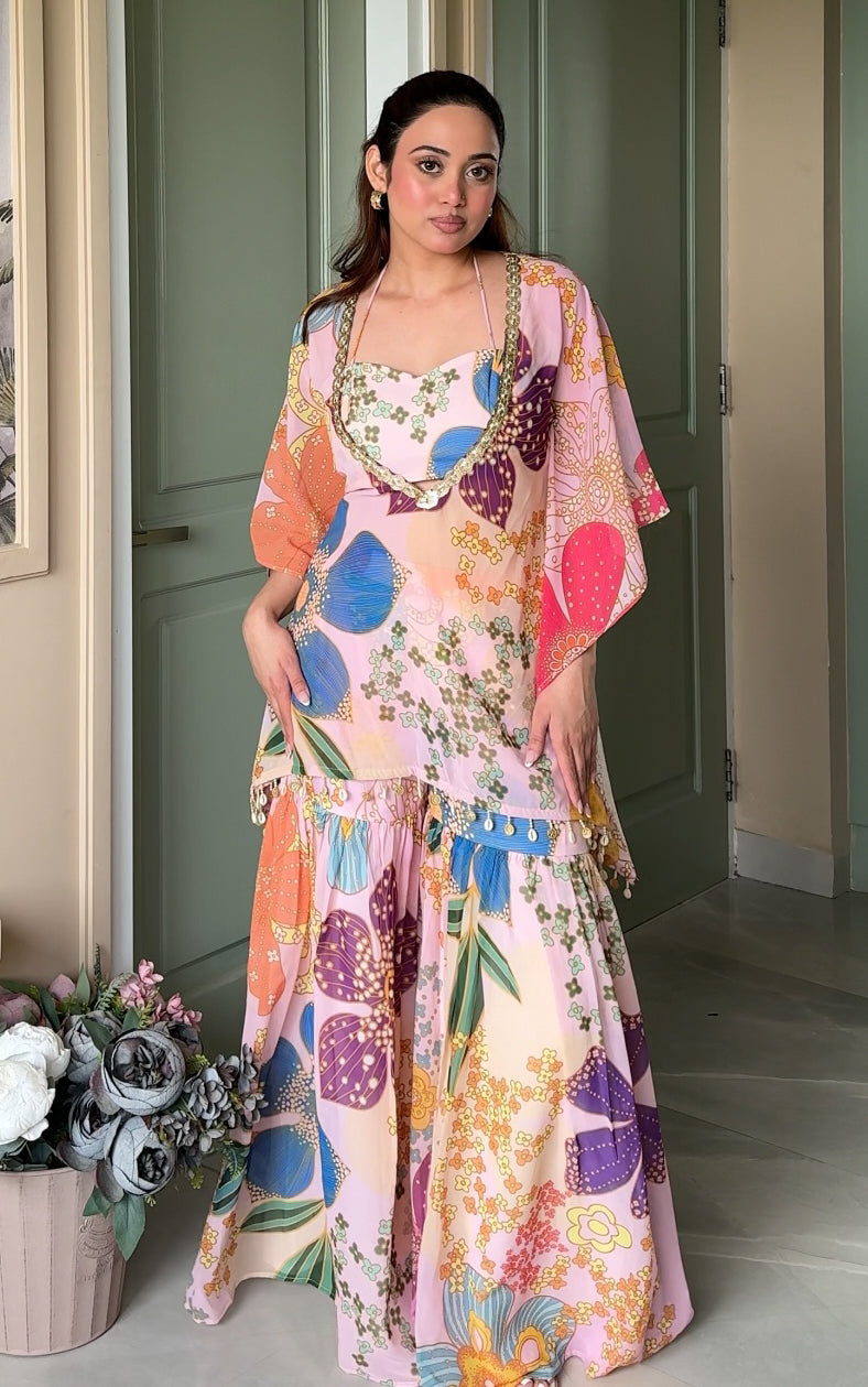 Pink Floral Printed Crop Top Sharara Kaftan Set