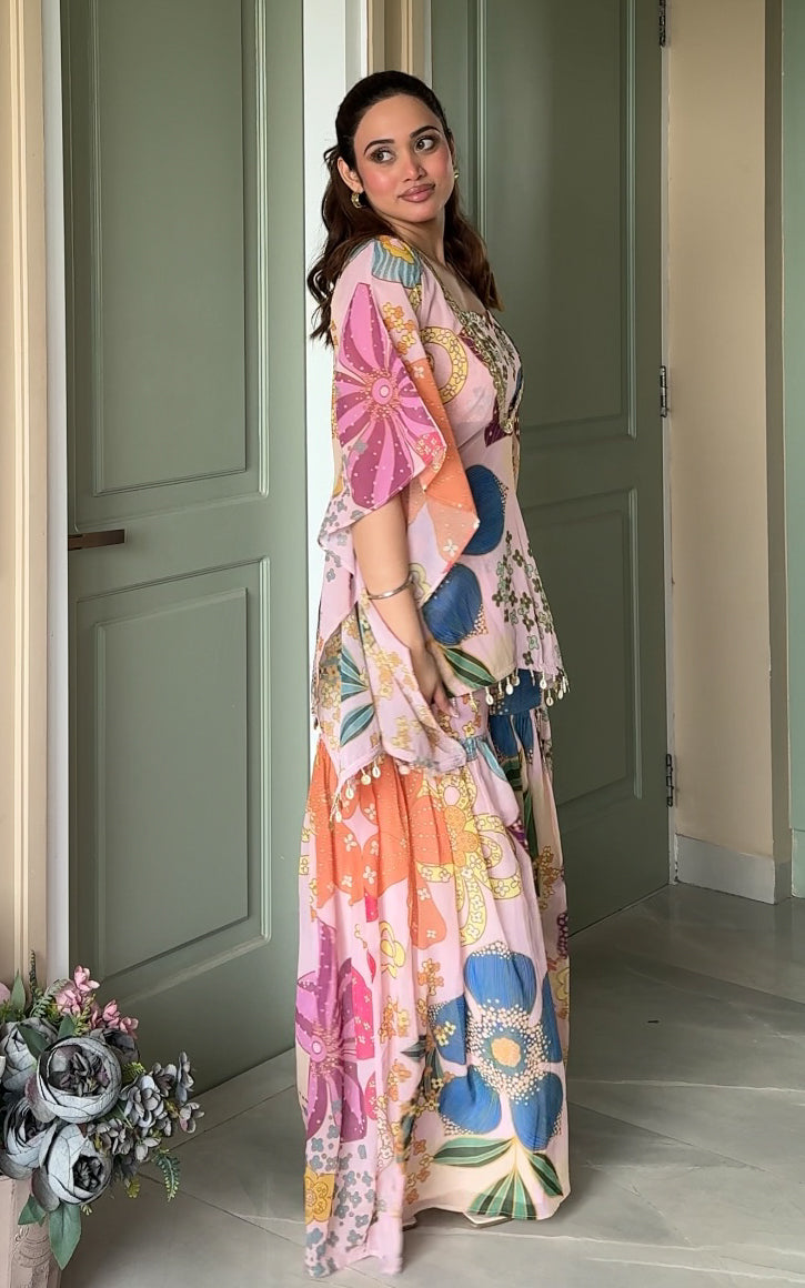 Pink Floral Printed Crop Top Sharara Kaftan Set