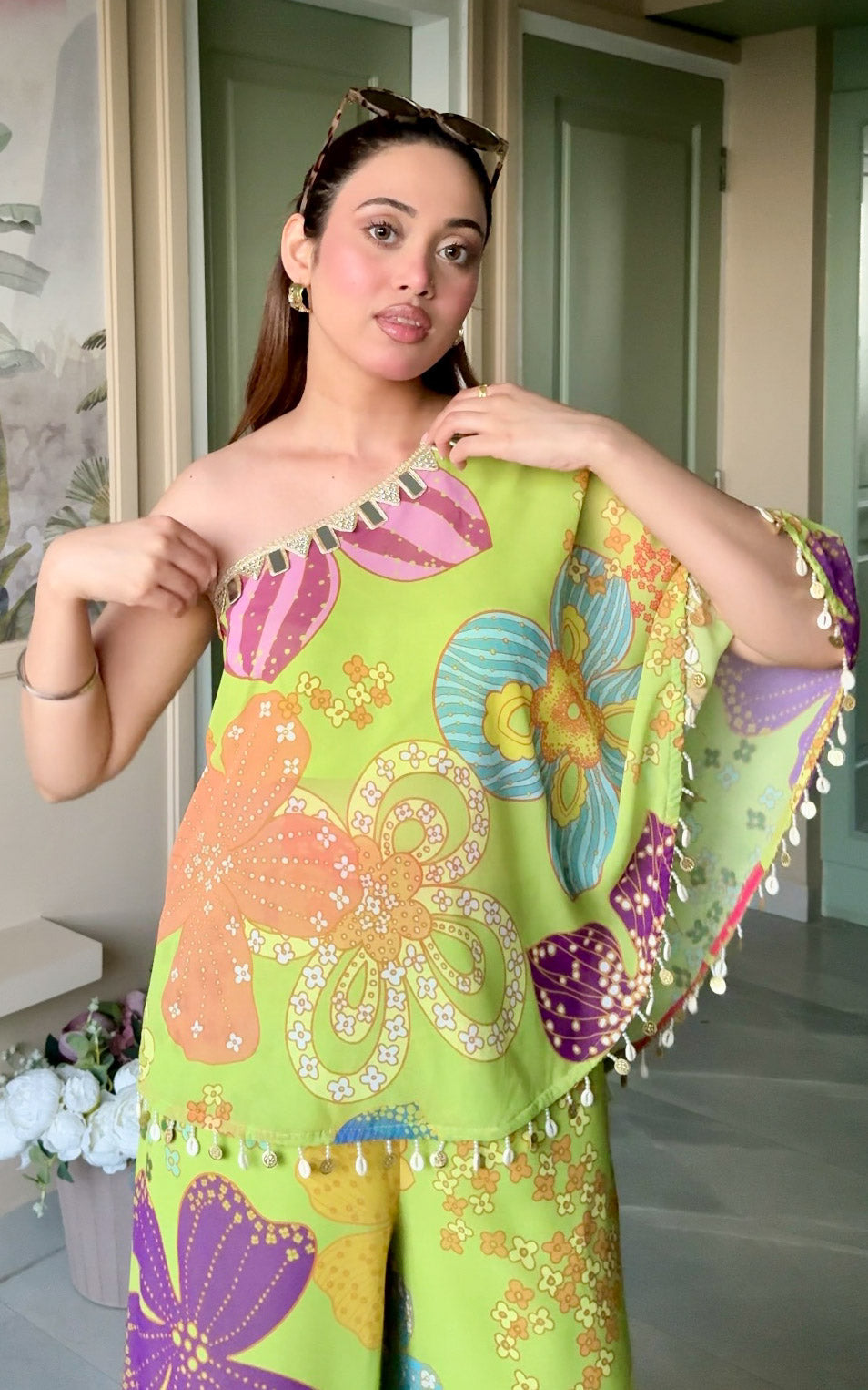 Parrot Green Floral One-Shoulder Co-Ord Set